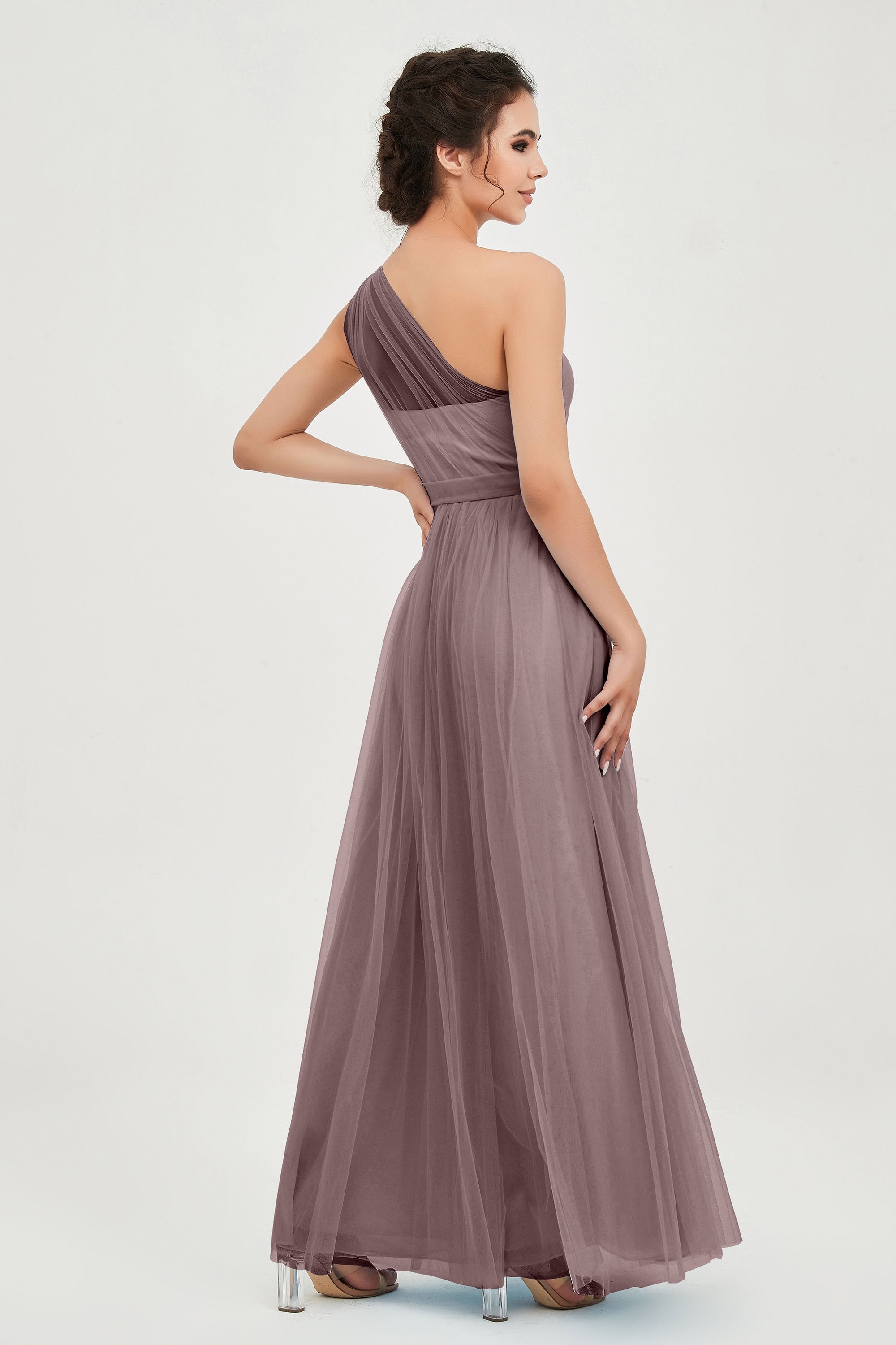 One Shoulder Tulle Ruched Bridesmaid Dress A Line Formal Evening Prom Dresses Gowns