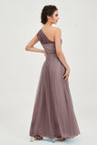 One Shoulder Tulle Ruched Bridesmaid Dress A Line Formal Evening Prom Dresses Gowns
