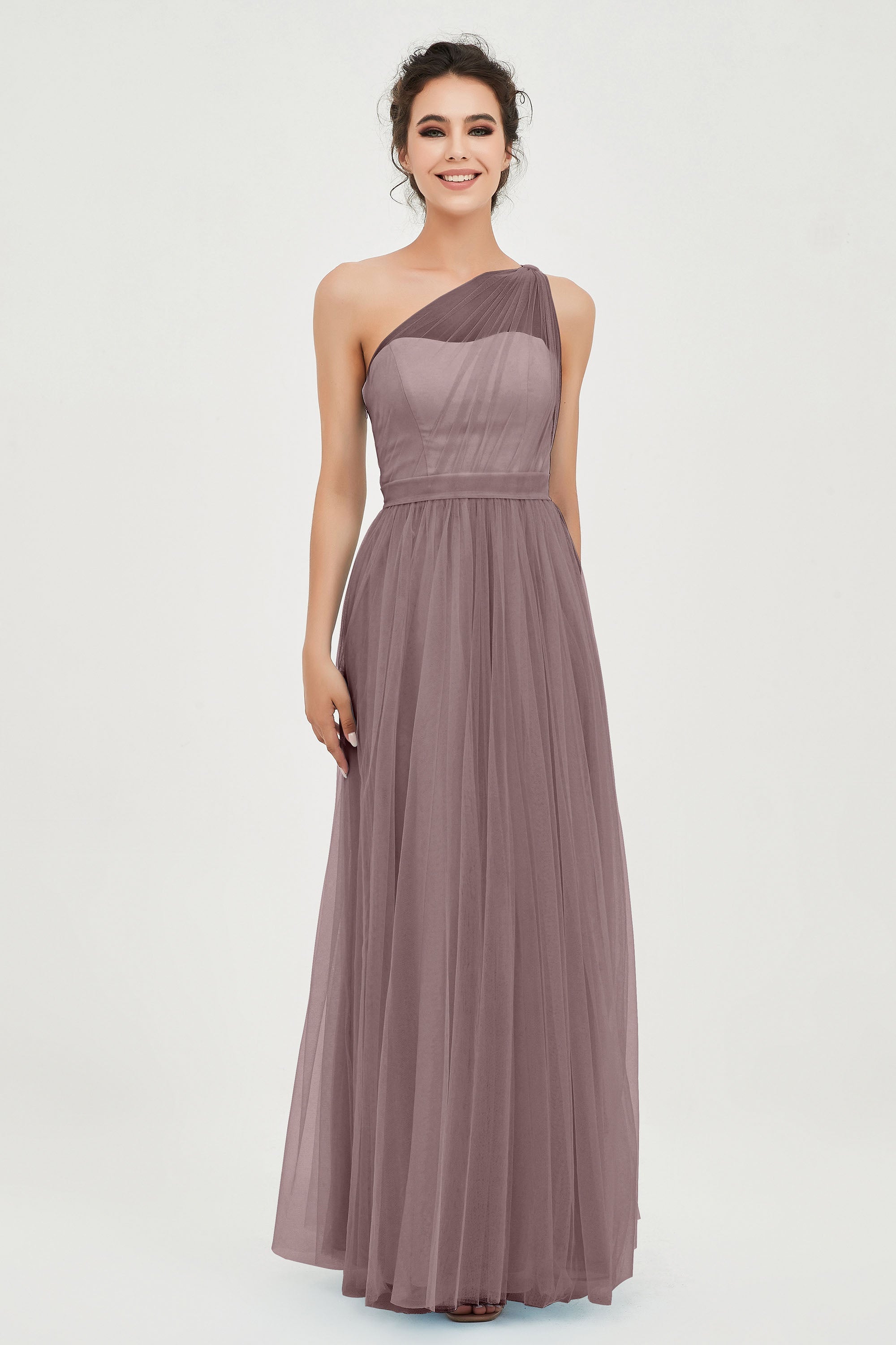 One Shoulder Tulle Ruched Bridesmaid Dress A Line Formal Evening Prom Dresses Gowns