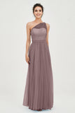 One Shoulder Tulle Ruched Bridesmaid Dress A Line Formal Evening Prom Dresses Gowns