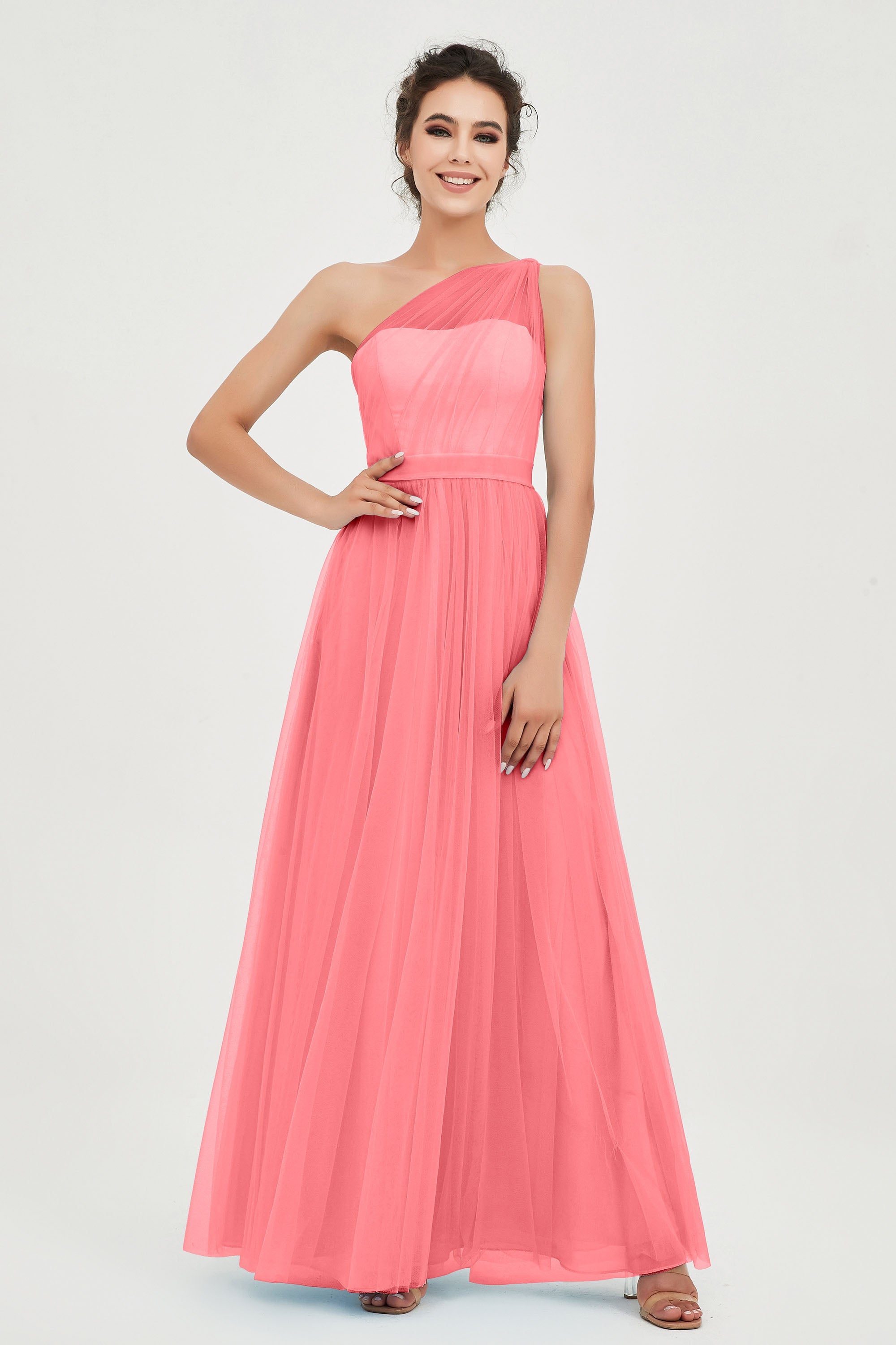 One Shoulder Tulle Ruched Bridesmaid Dress A Line Formal Evening Prom Dresses Gowns