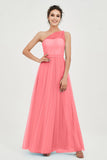 One Shoulder Tulle Ruched Bridesmaid Dress A Line Formal Evening Prom Dresses Gowns