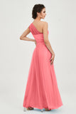 One Shoulder Tulle Ruched Bridesmaid Dress A Line Formal Evening Prom Dresses Gowns