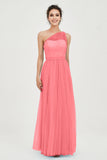 One Shoulder Tulle Ruched Bridesmaid Dress A Line Formal Evening Prom Dresses Gowns
