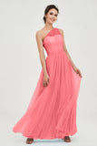 One Shoulder Tulle Ruched Bridesmaid Dress A Line Formal Evening Prom Dresses Gowns