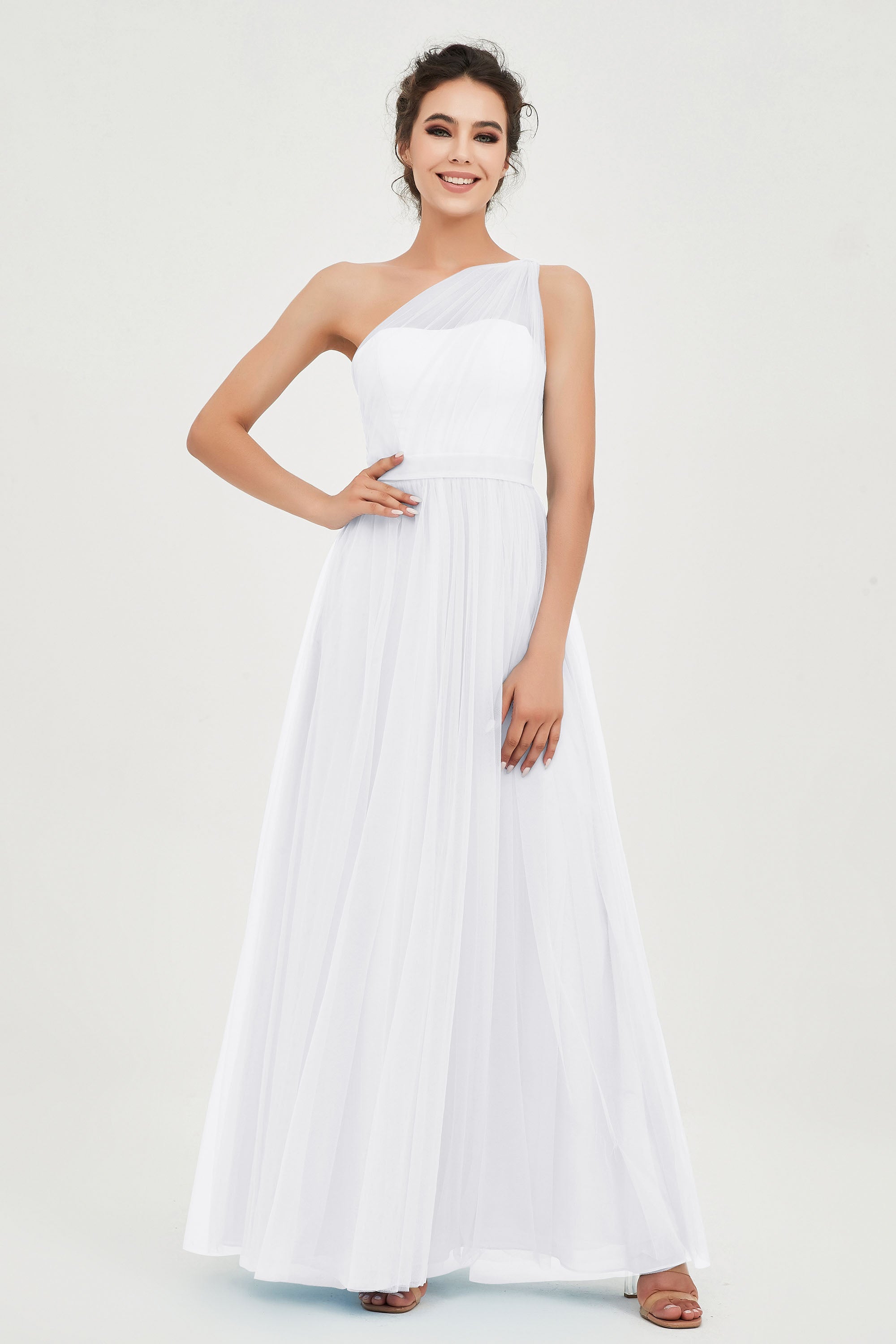 One Shoulder Tulle Ruched Bridesmaid Dress A Line Formal Evening Prom Dresses Gowns