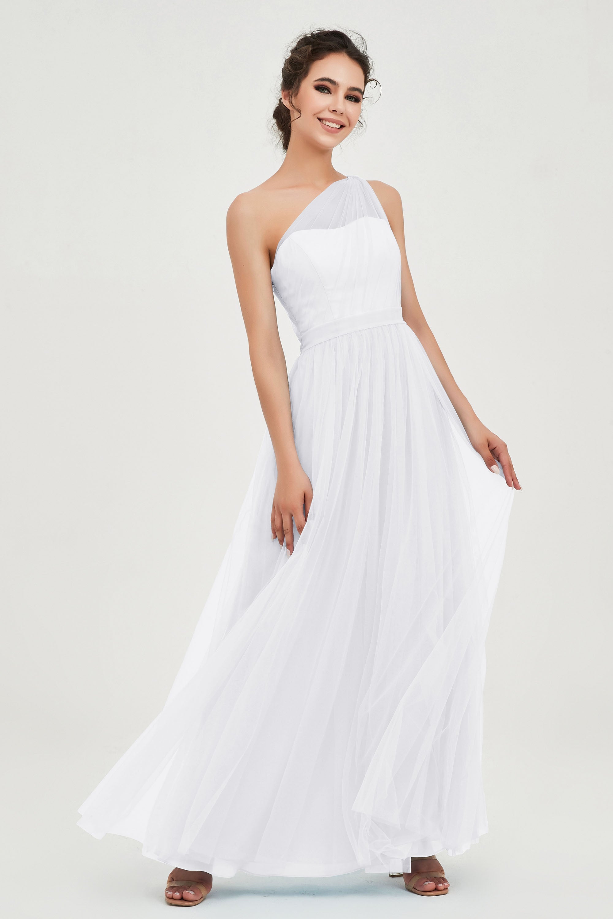 One Shoulder Tulle Ruched Bridesmaid Dress A Line Formal Evening Prom Dresses Gowns