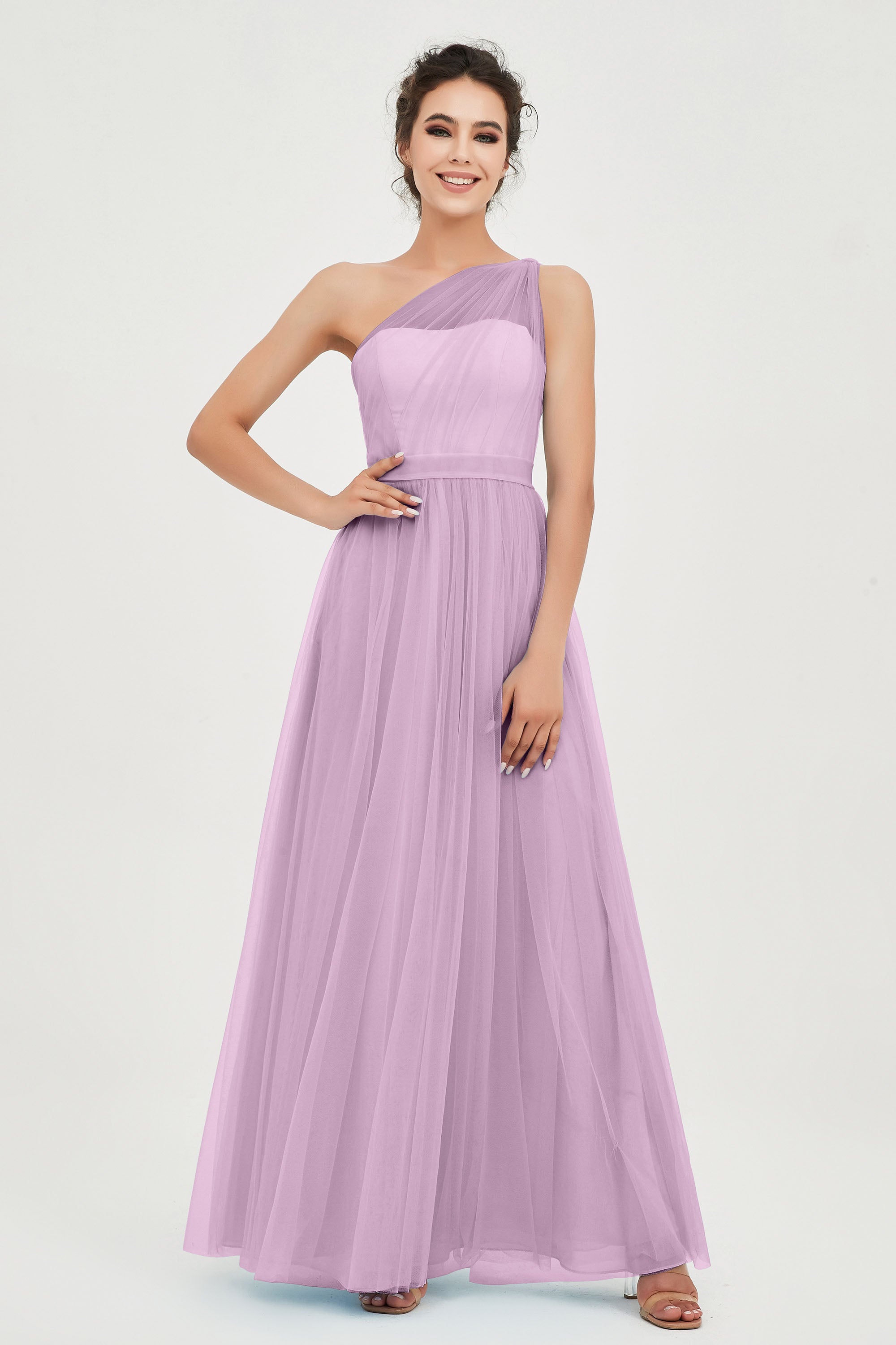 One Shoulder Tulle Ruched Bridesmaid Dress A Line Formal Evening Prom Dresses Gowns