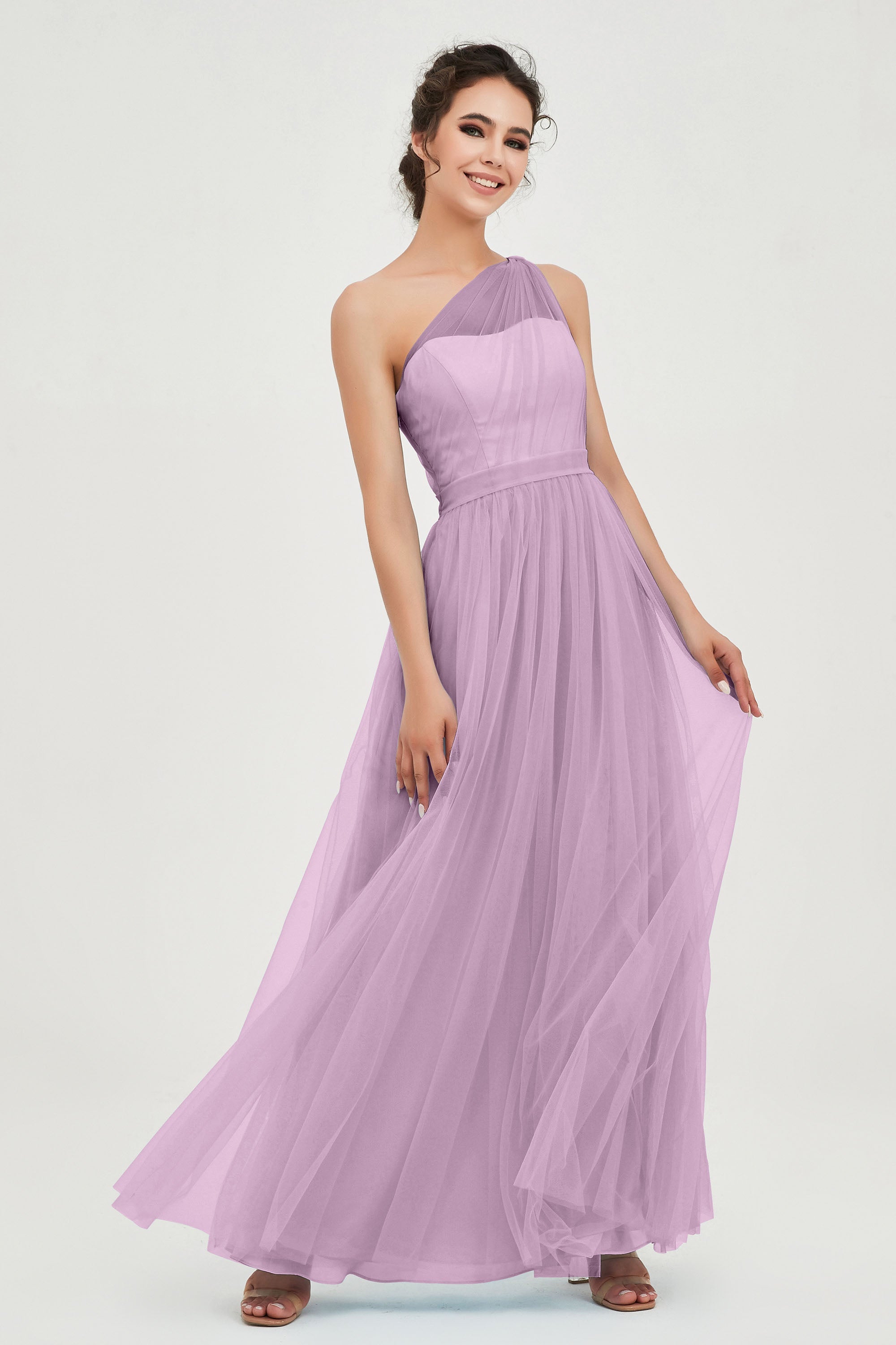 One Shoulder Tulle Ruched Bridesmaid Dress A Line Formal Evening Prom Dresses Gowns