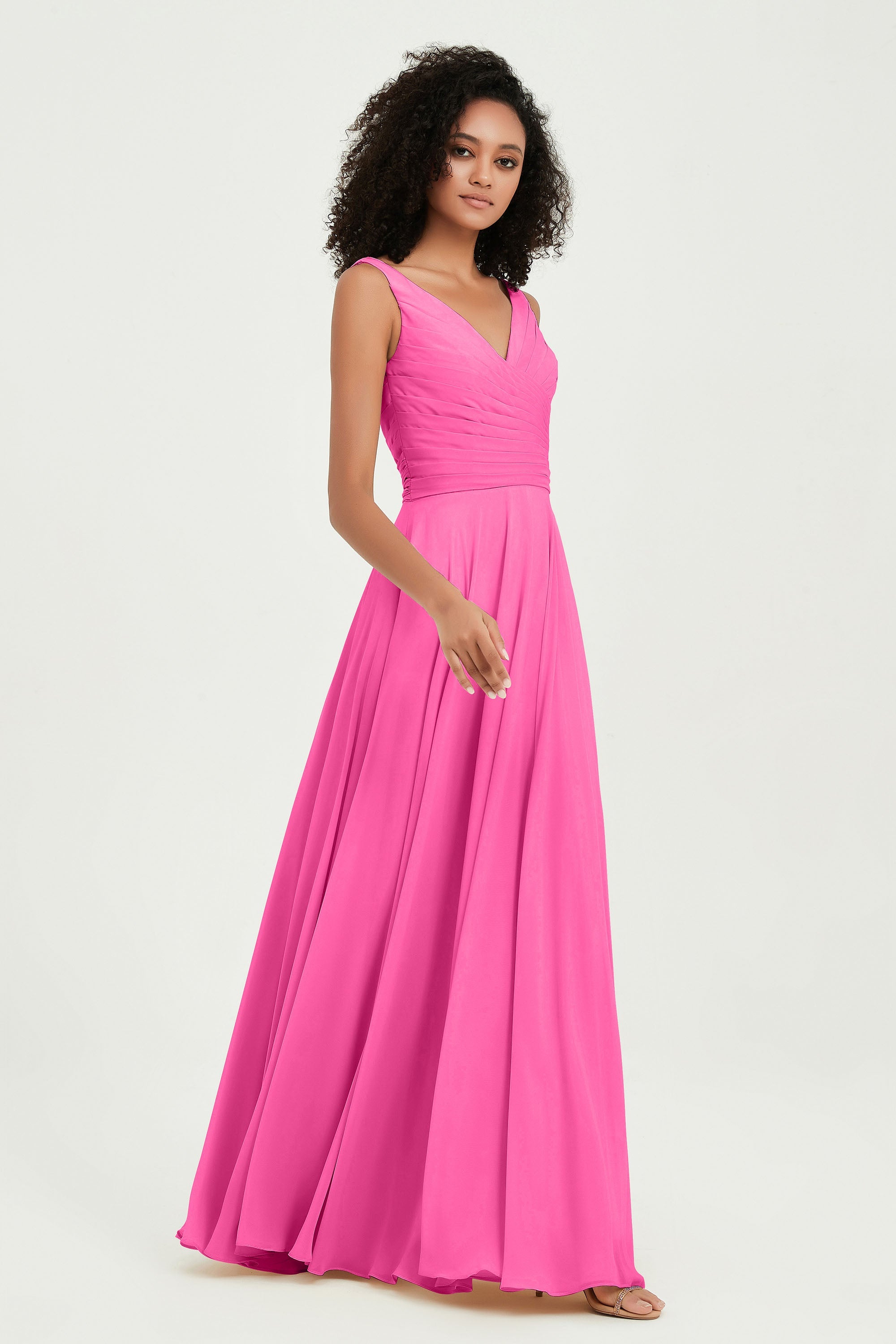 V Neck Chiffon Sleeveless Bridesmaid Dress Pleated Formal Evening Prom Dresses with Bow Sash
