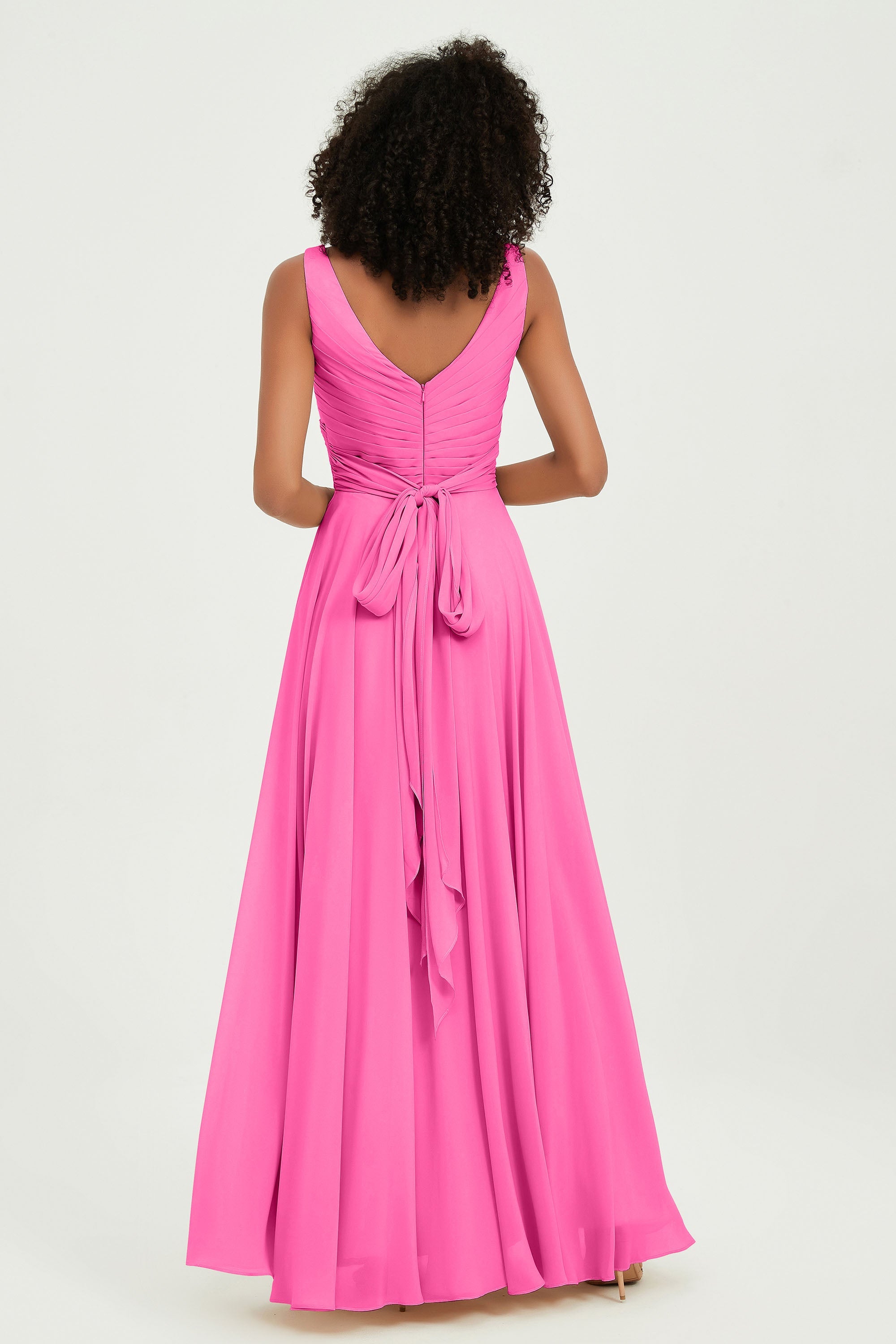 V Neck Chiffon Sleeveless Bridesmaid Dress Pleated Formal Evening Prom Dresses with Bow Sash