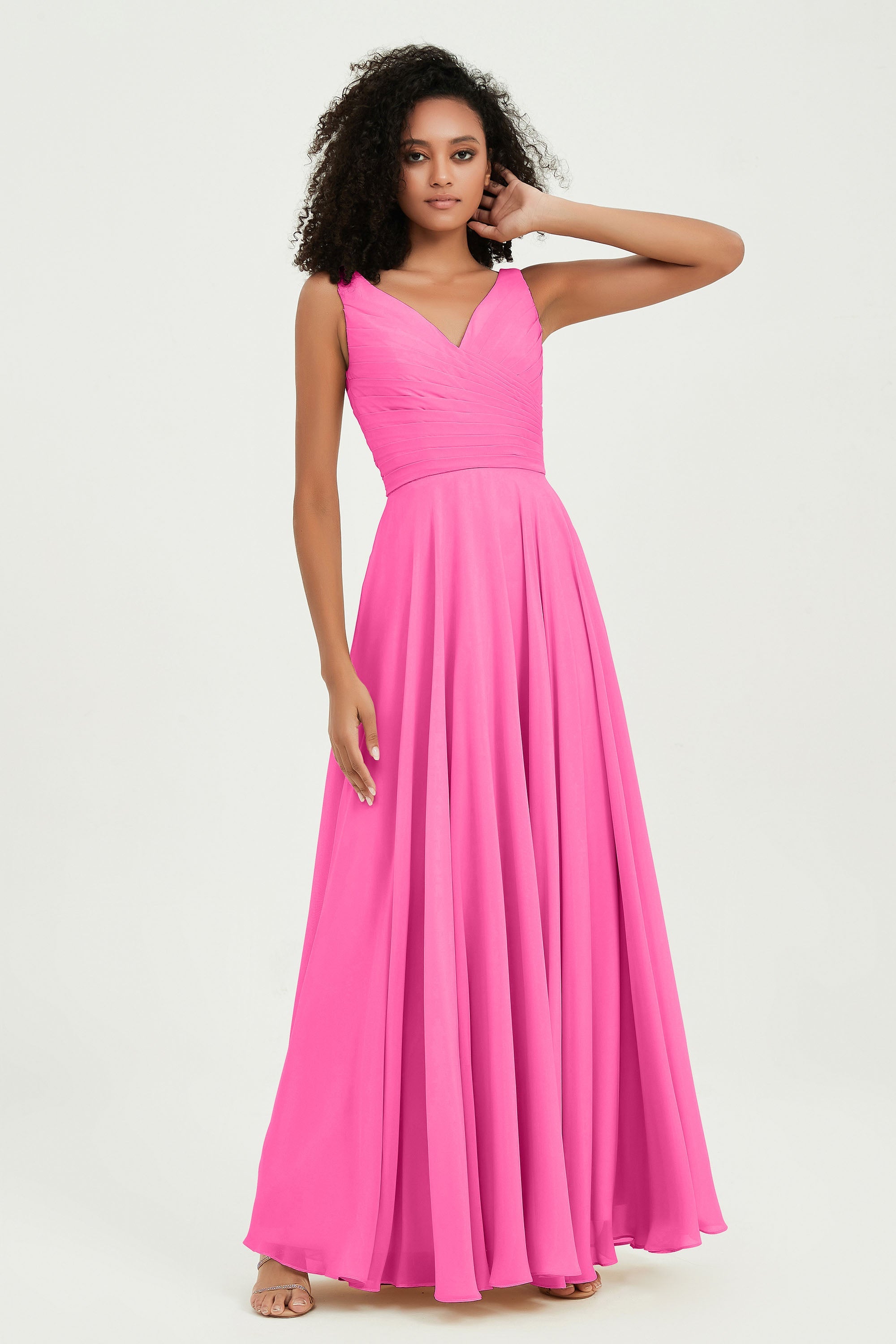 V Neck Chiffon Sleeveless Bridesmaid Dress Pleated Formal Evening Prom Dresses with Bow Sash