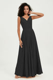 V Neck Chiffon Sleeveless Bridesmaid Dress Pleated Formal Evening Prom Dresses with Bow Sash
