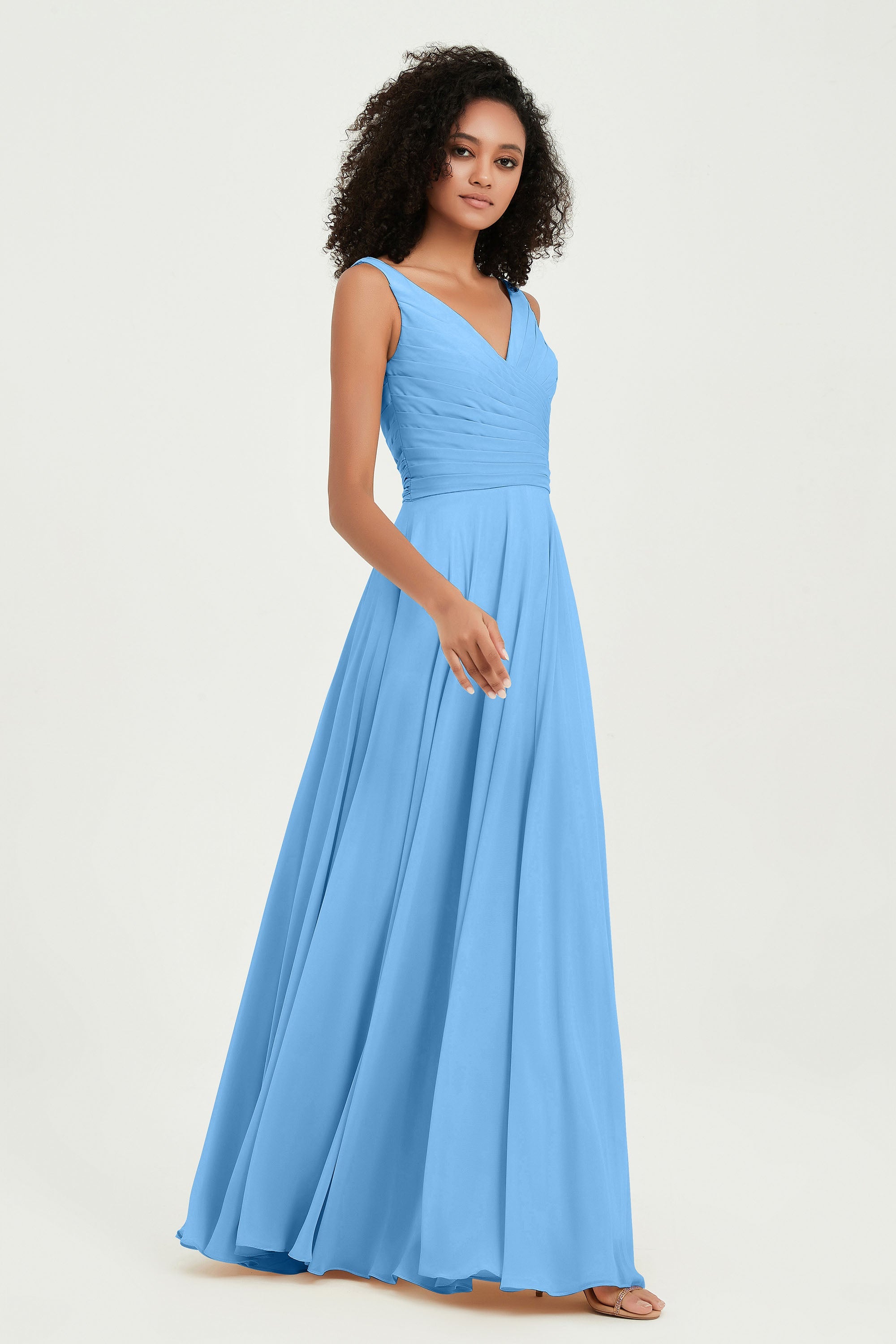 V Neck Chiffon Sleeveless Bridesmaid Dress Pleated Formal Evening Prom Dresses with Bow Sash