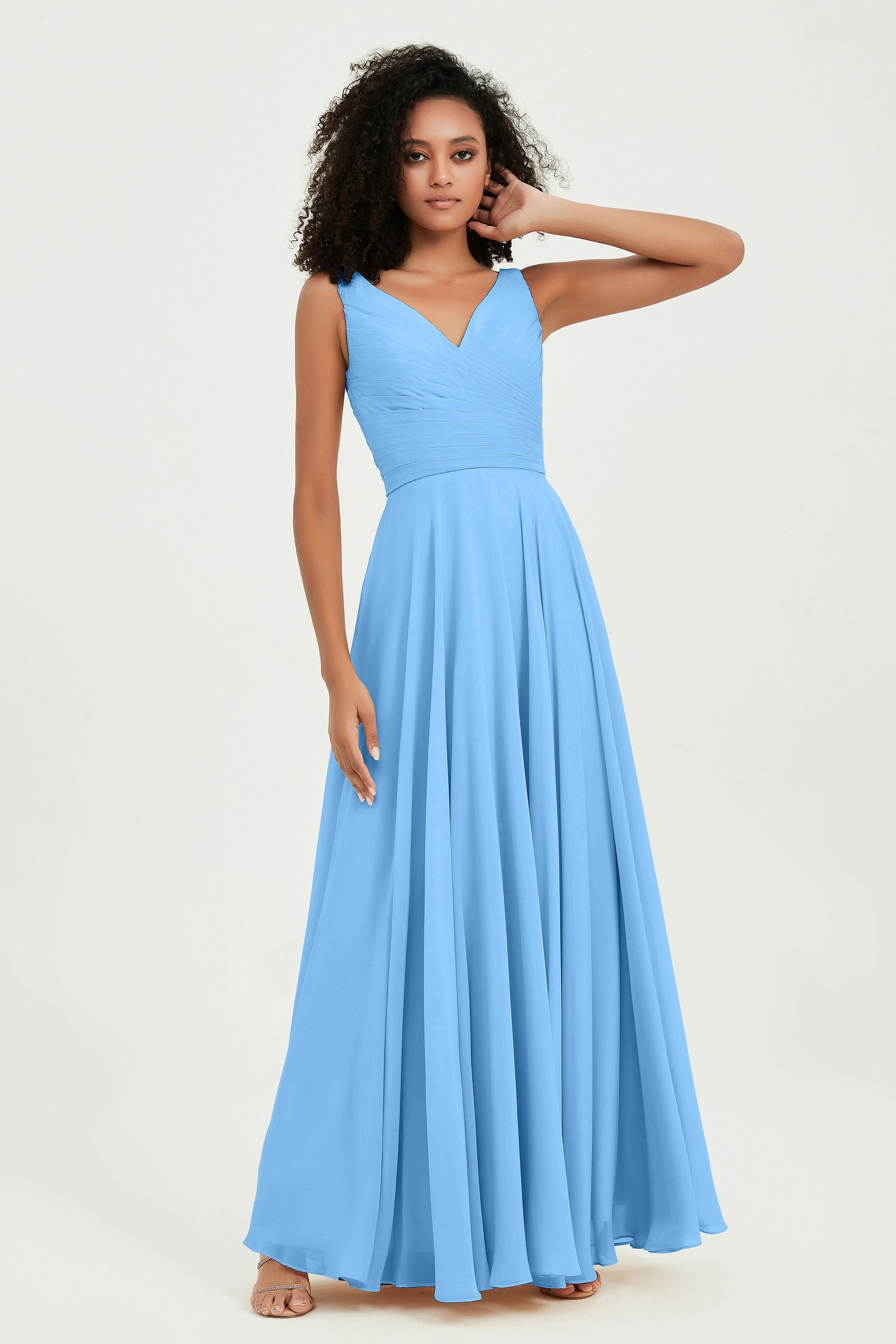 V Neck Chiffon Sleeveless Bridesmaid Dress Pleated Formal Evening Prom Dresses with Bow Sash