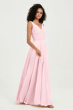 V Neck Chiffon Sleeveless Bridesmaid Dress Pleated Formal Evening Prom Dresses with Bow Sash