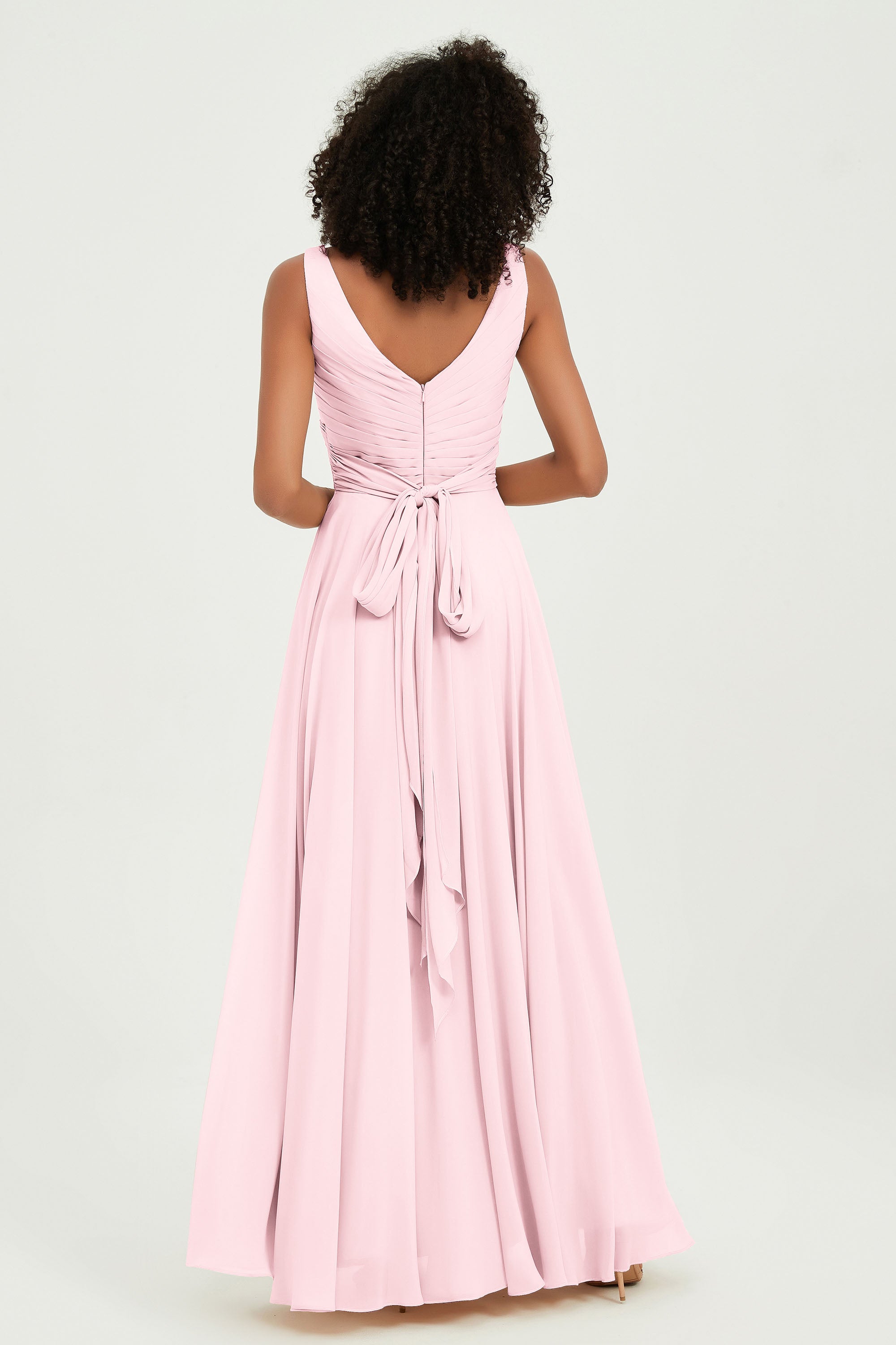 V Neck Chiffon Sleeveless Bridesmaid Dress Pleated Formal Evening Prom Dresses with Bow Sash