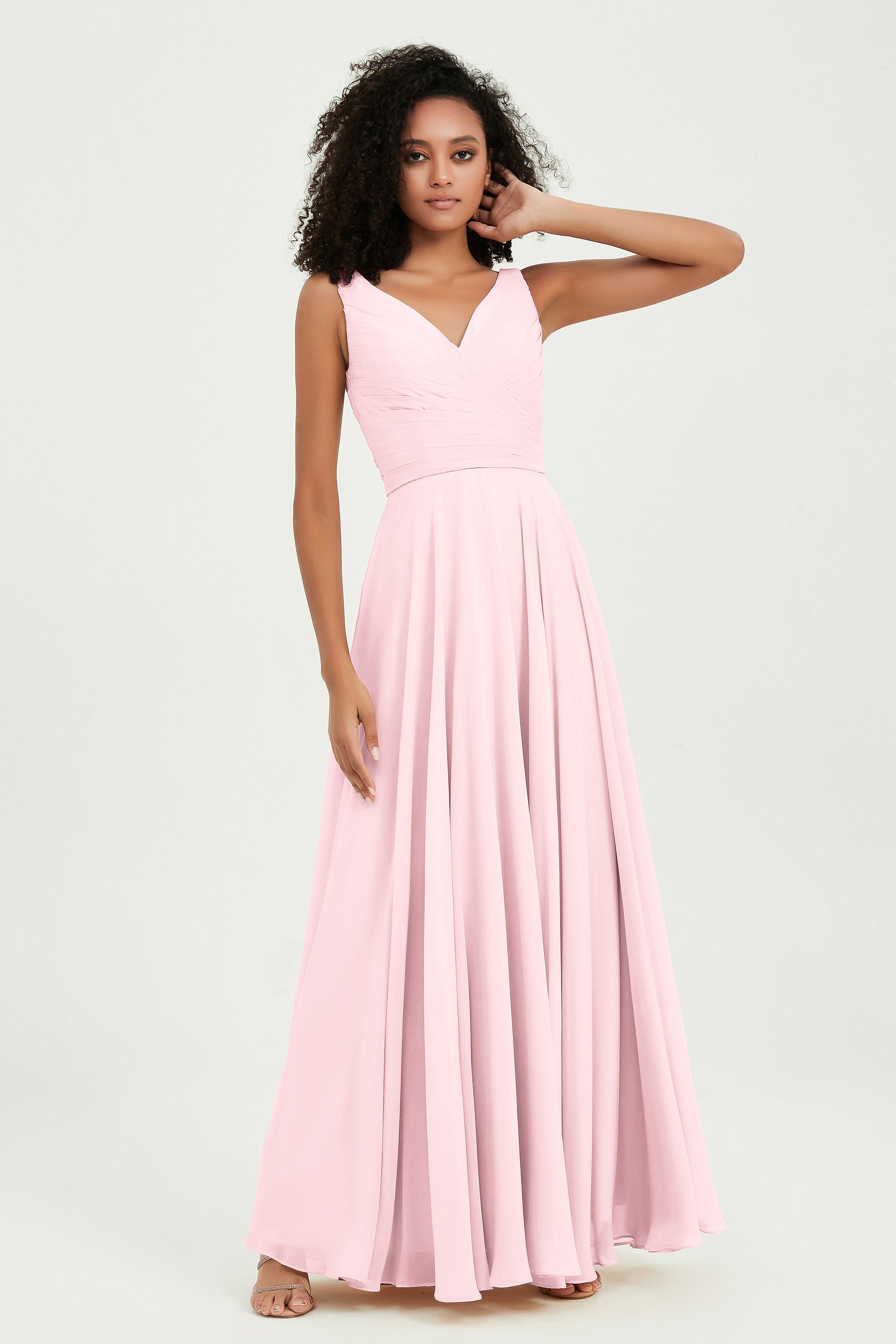 V Neck Chiffon Sleeveless Bridesmaid Dress Pleated Formal Evening Prom Dresses with Bow Sash