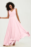 V Neck Chiffon Sleeveless Bridesmaid Dress Pleated Formal Evening Prom Dresses with Bow Sash