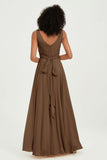 V Neck Chiffon Sleeveless Bridesmaid Dress Pleated Formal Evening Prom Dresses with Bow Sash