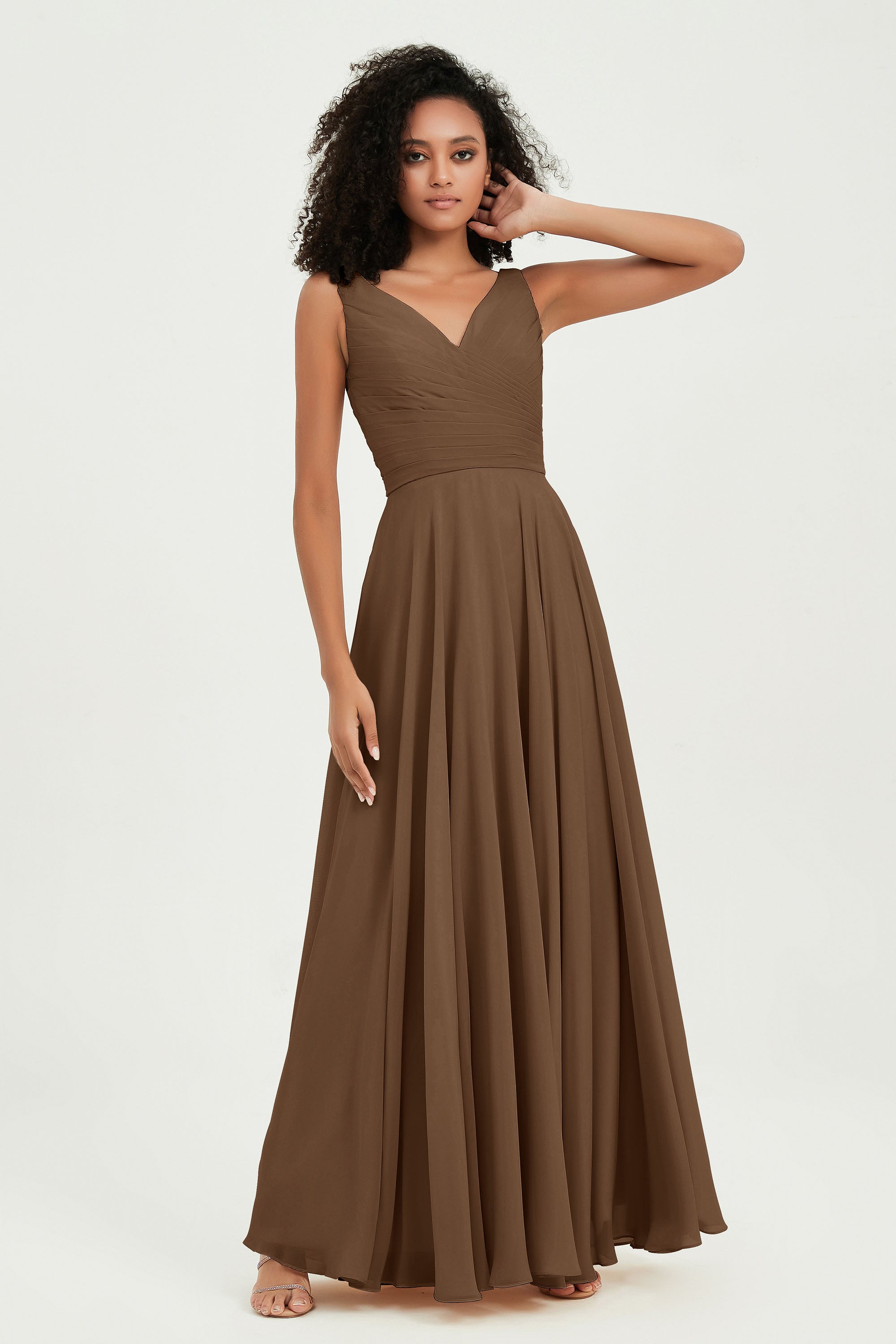 V Neck Chiffon Sleeveless Bridesmaid Dress Pleated Formal Evening Prom Dresses with Bow Sash