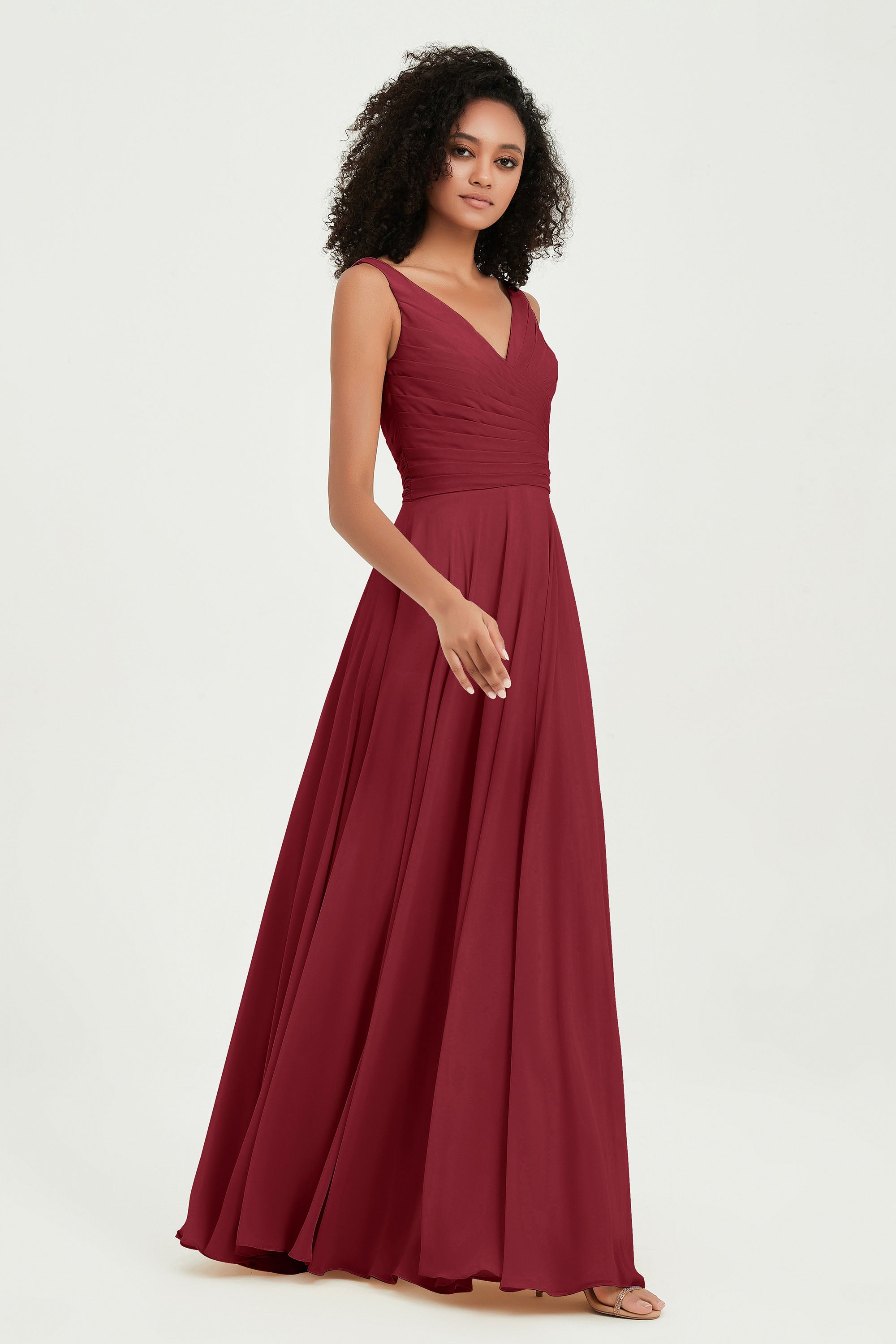V Neck Chiffon Sleeveless Bridesmaid Dress Pleated Formal Evening Prom Dresses with Bow Sash