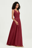 V Neck Chiffon Sleeveless Bridesmaid Dress Pleated Formal Evening Prom Dresses with Bow Sash