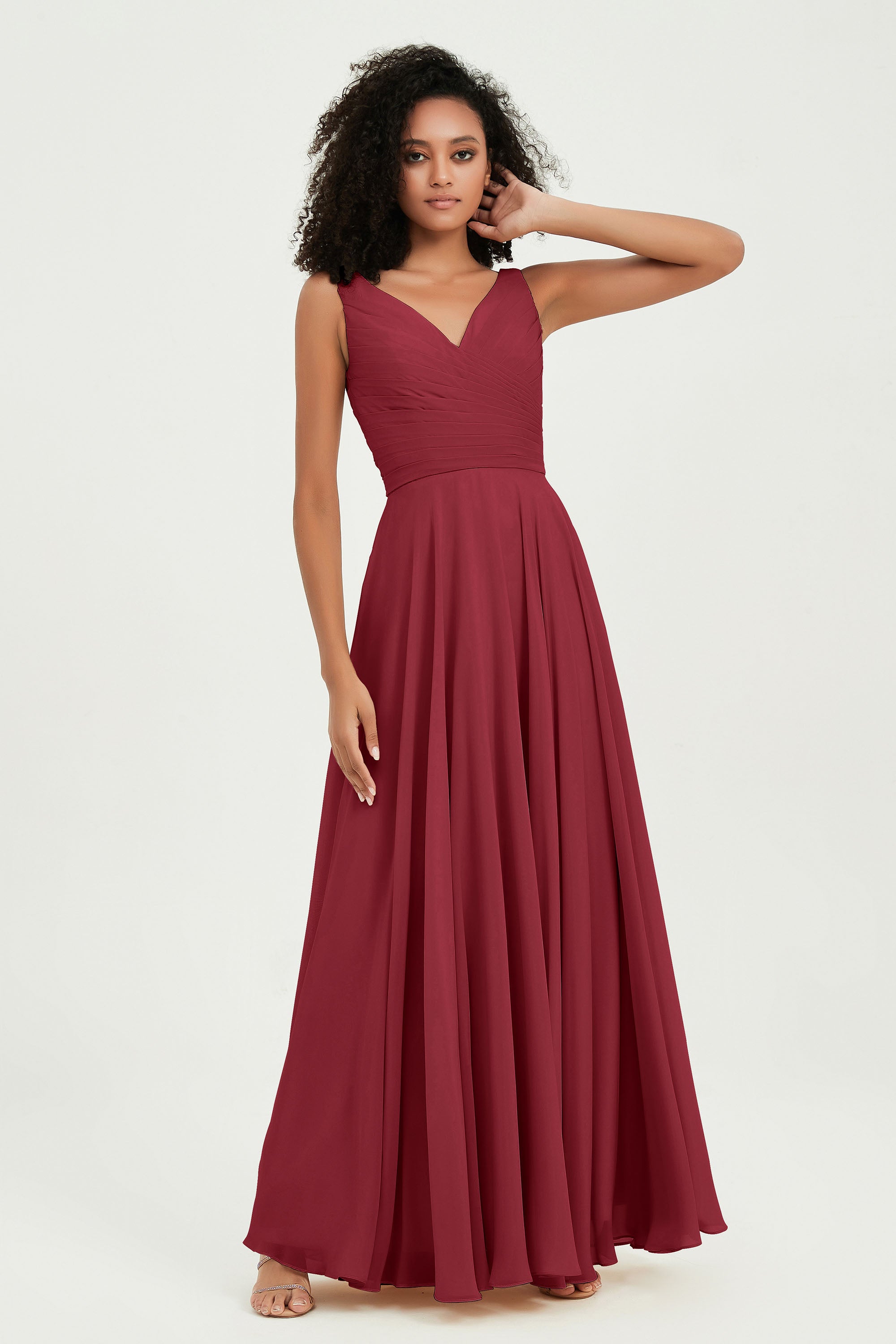 V Neck Chiffon Sleeveless Bridesmaid Dress Pleated Formal Evening Prom Dresses with Bow Sash