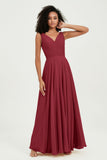V Neck Chiffon Sleeveless Bridesmaid Dress Pleated Formal Evening Prom Dresses with Bow Sash