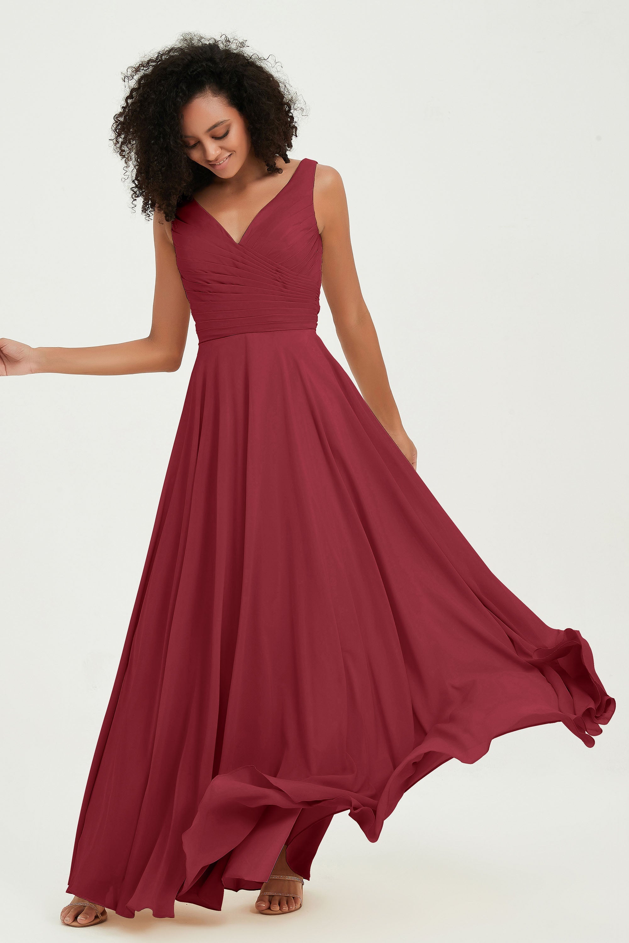 V Neck Chiffon Sleeveless Bridesmaid Dress Pleated Formal Evening Prom Dresses with Bow Sash