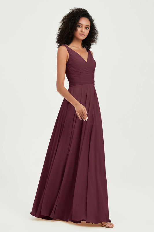 V Neck Chiffon Sleeveless Bridesmaid Dress Pleated Formal Evening Prom Dresses with Bow Sash