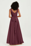 V Neck Chiffon Sleeveless Bridesmaid Dress Pleated Formal Evening Prom Dresses with Bow Sash