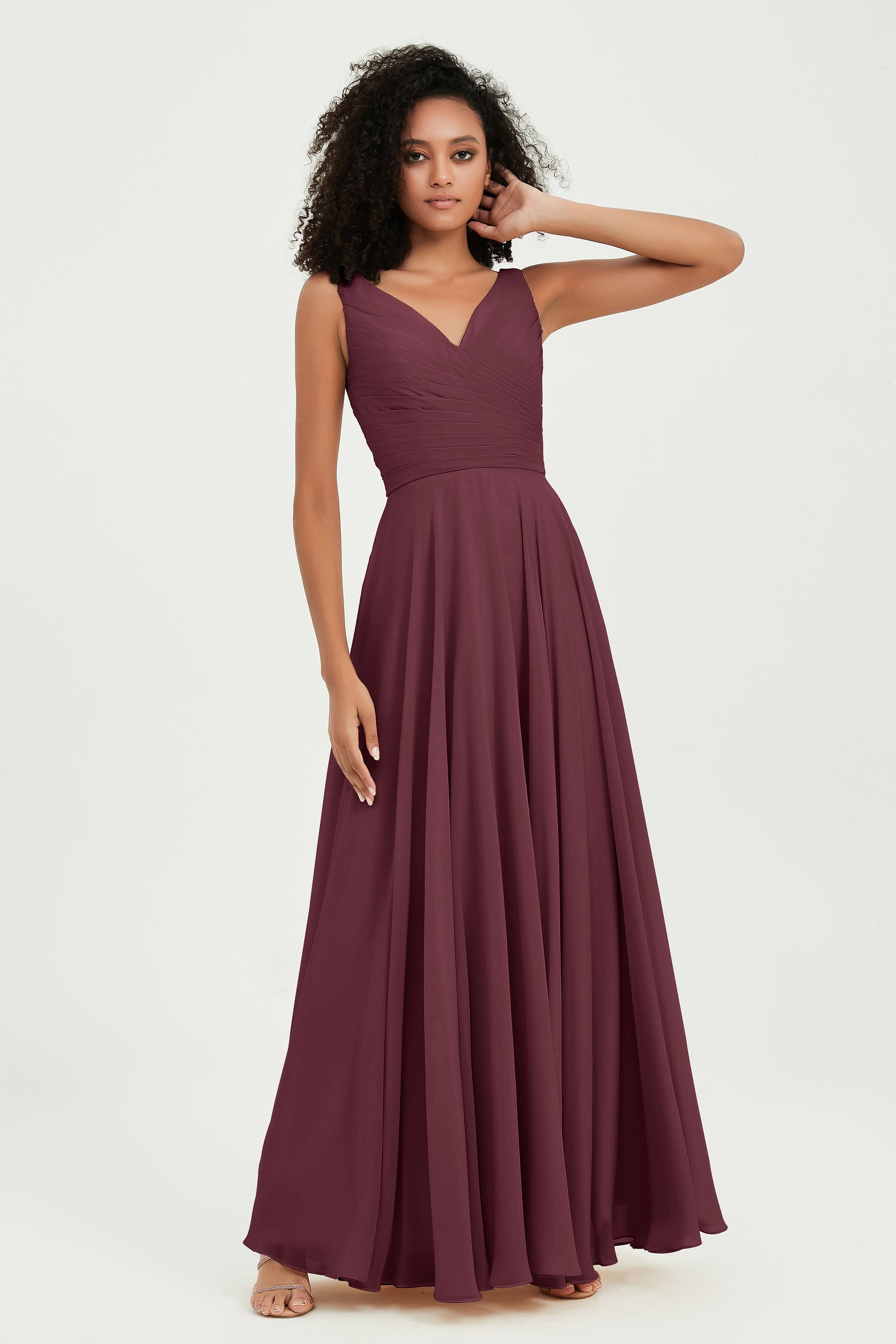 V Neck Chiffon Sleeveless Bridesmaid Dress Pleated Formal Evening Prom Dresses with Bow Sash