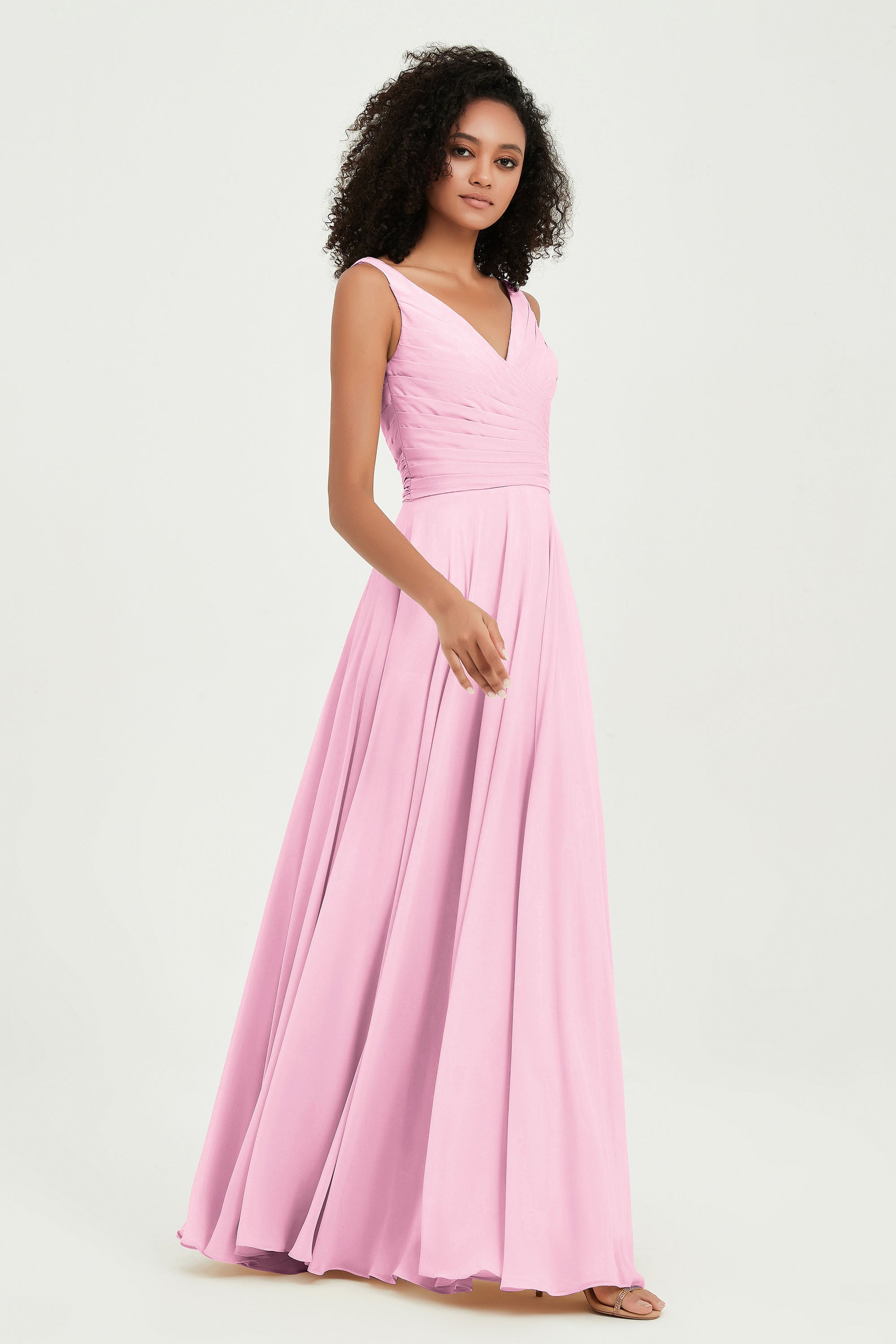 V Neck Chiffon Sleeveless Bridesmaid Dress Pleated Formal Evening Prom Dresses with Bow Sash