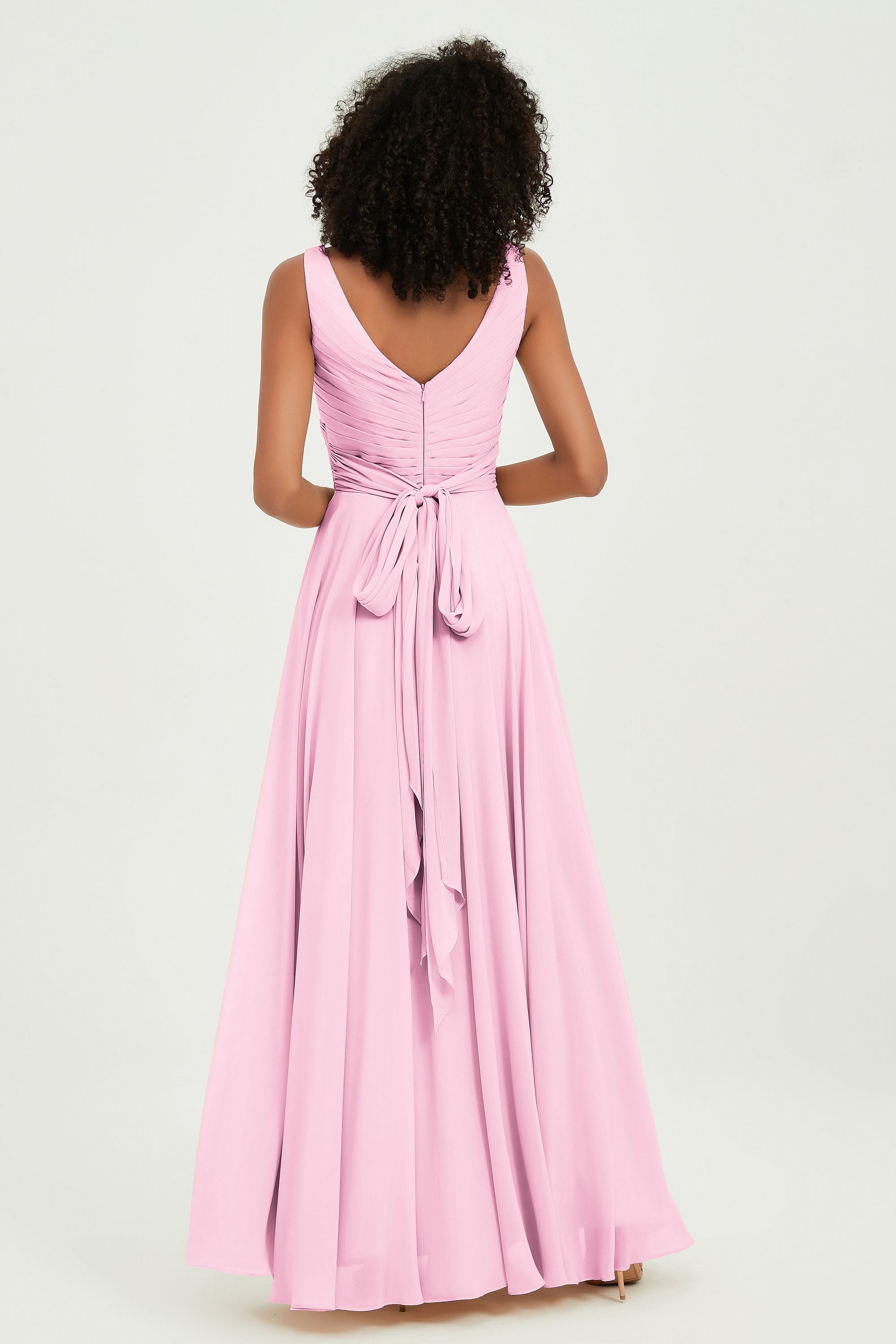 V Neck Chiffon Sleeveless Bridesmaid Dress Pleated Formal Evening Prom Dresses with Bow Sash