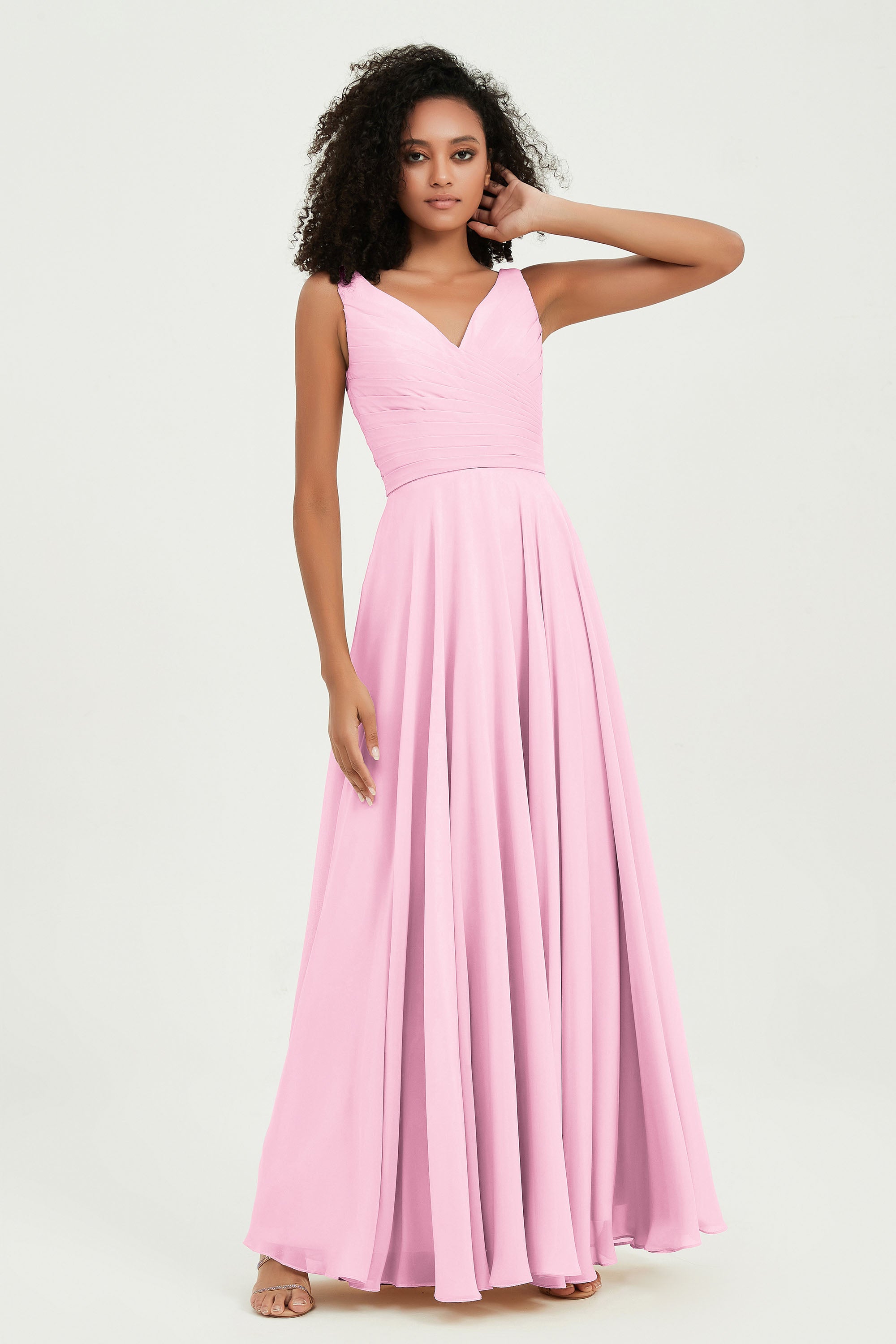 V Neck Chiffon Sleeveless Bridesmaid Dress Pleated Formal Evening Prom Dresses with Bow Sash