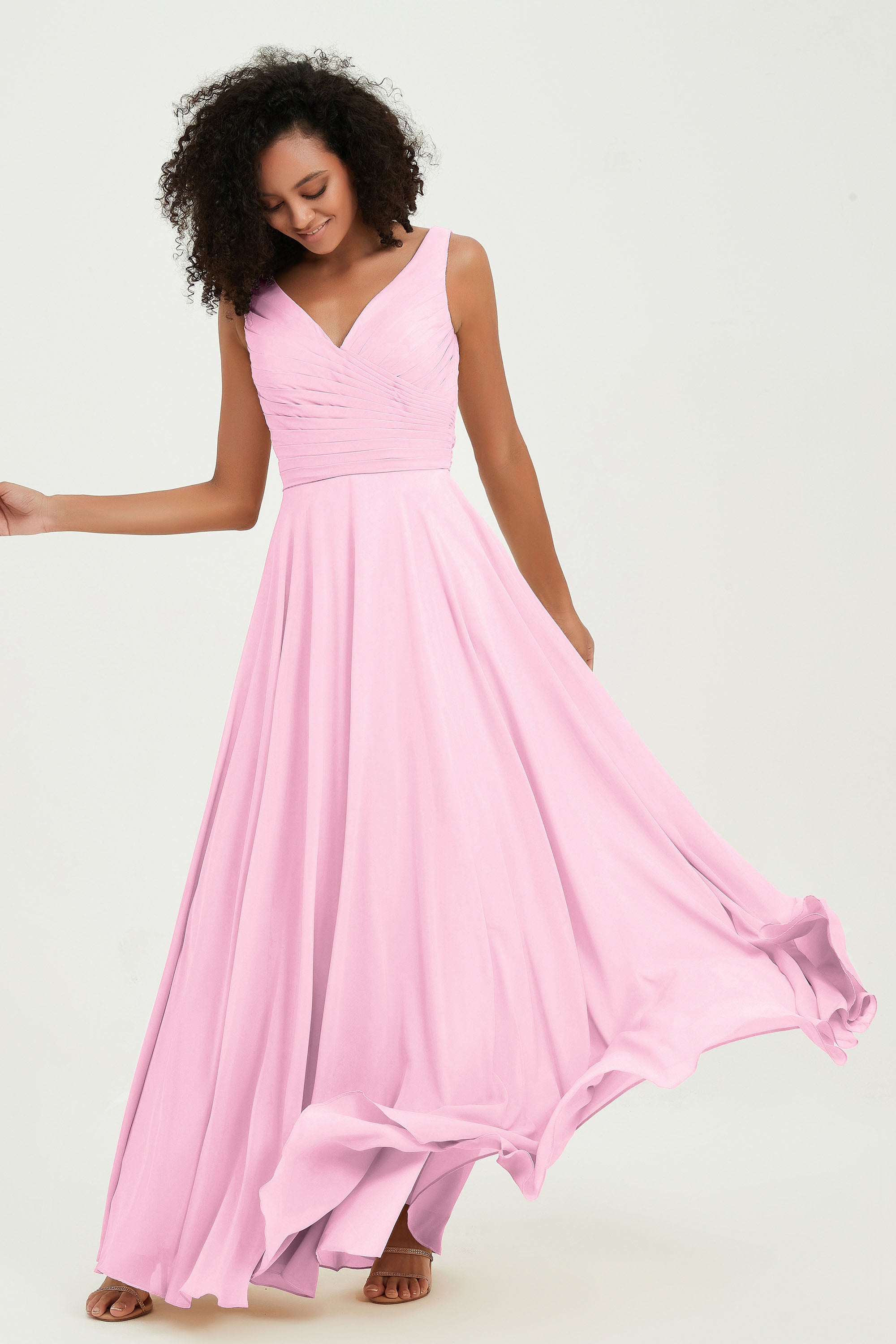 V Neck Chiffon Sleeveless Bridesmaid Dress Pleated Formal Evening Prom Dresses with Bow Sash