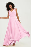 V Neck Chiffon Sleeveless Bridesmaid Dress Pleated Formal Evening Prom Dresses with Bow Sash