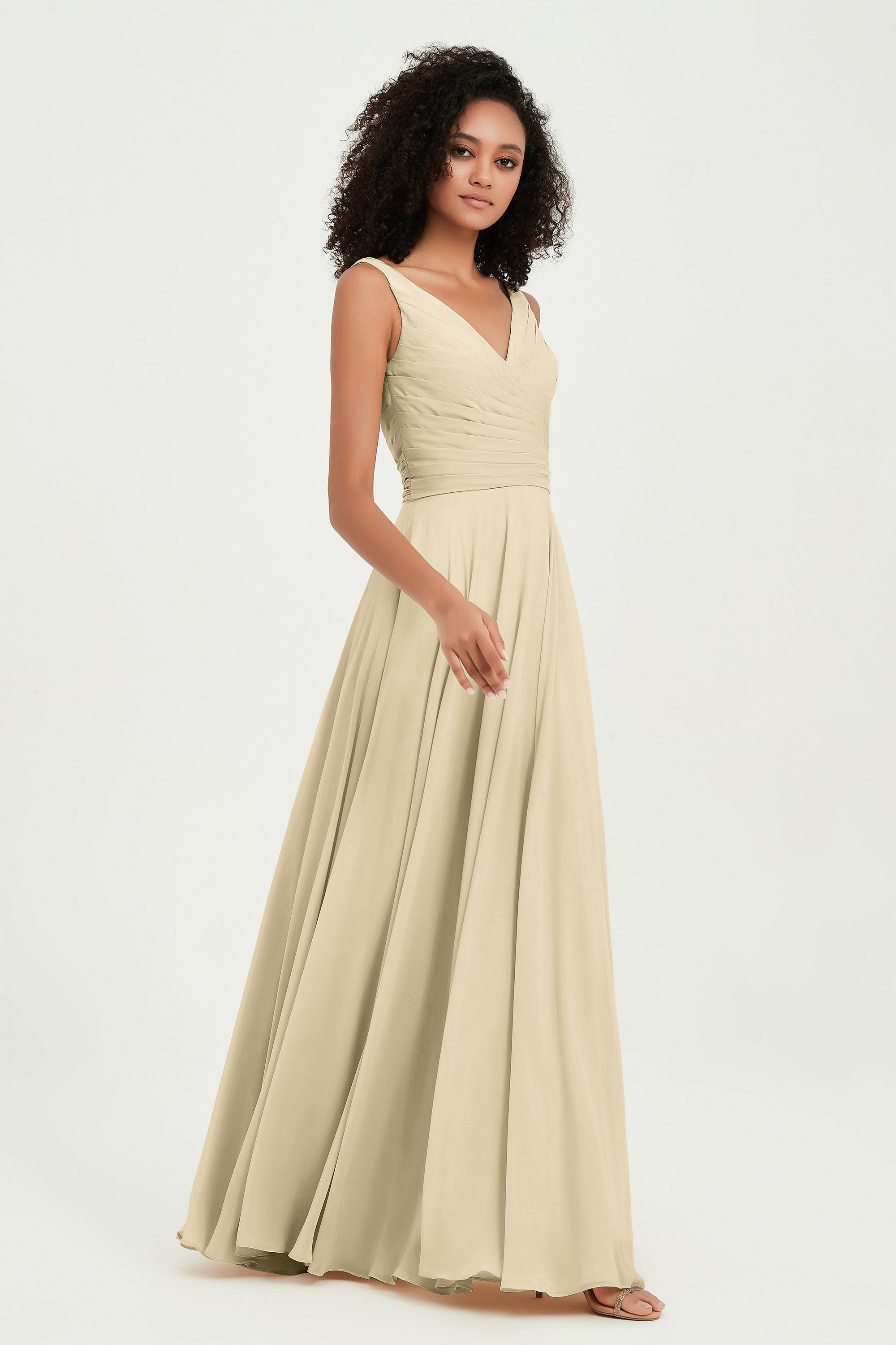 V Neck Chiffon Sleeveless Bridesmaid Dress Pleated Formal Evening Prom Dresses with Bow Sash