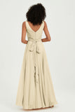 V Neck Chiffon Sleeveless Bridesmaid Dress Pleated Formal Evening Prom Dresses with Bow Sash