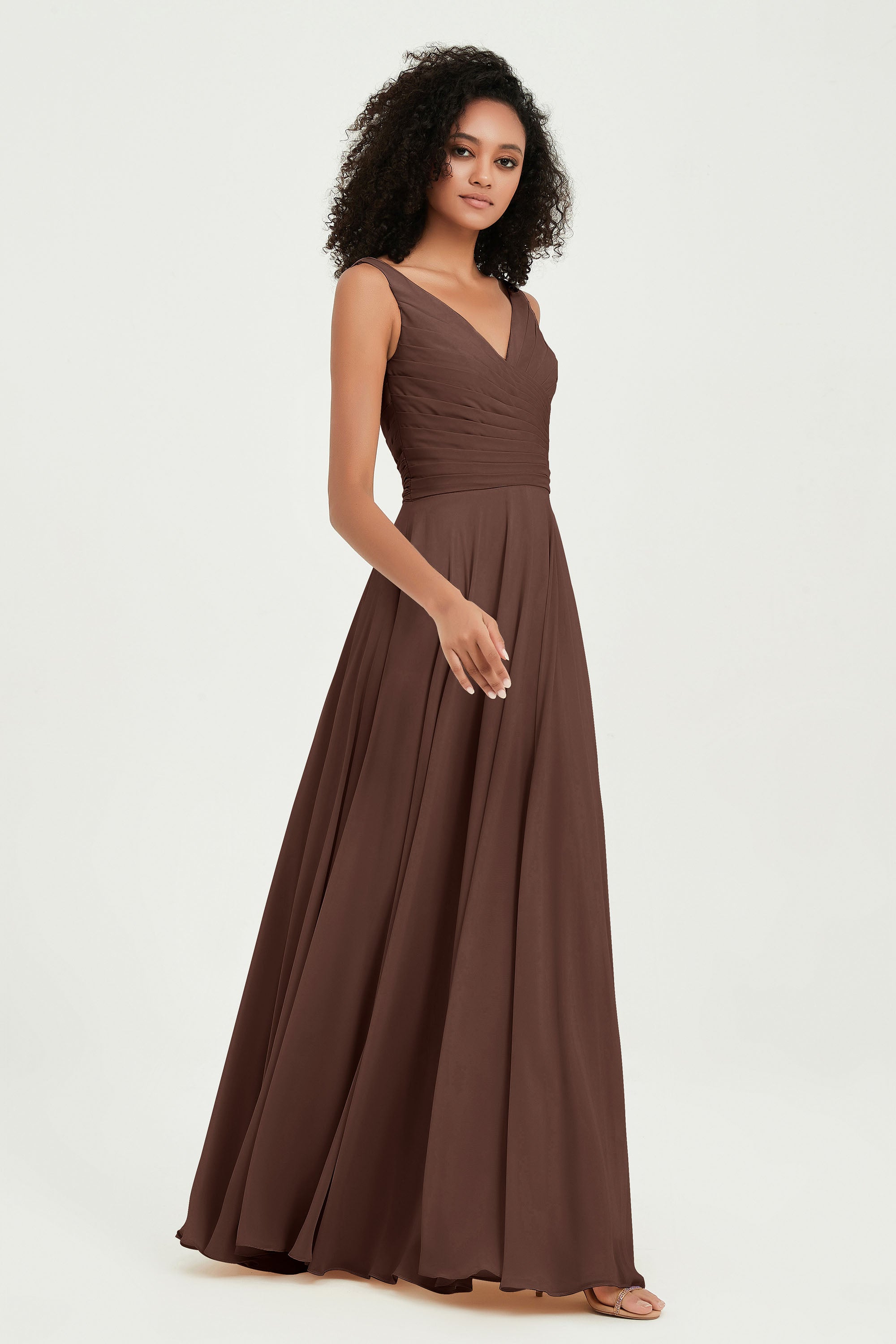 V Neck Chiffon Sleeveless Bridesmaid Dress Pleated Formal Evening Prom Dresses with Bow Sash