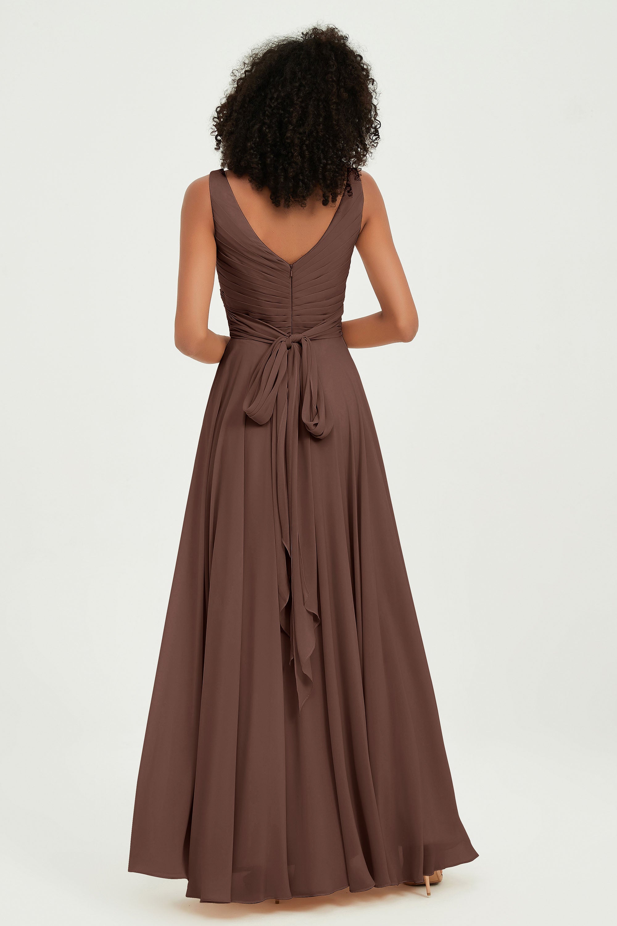 V Neck Chiffon Sleeveless Bridesmaid Dress Pleated Formal Evening Prom Dresses with Bow Sash