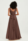 V Neck Chiffon Sleeveless Bridesmaid Dress Pleated Formal Evening Prom Dresses with Bow Sash