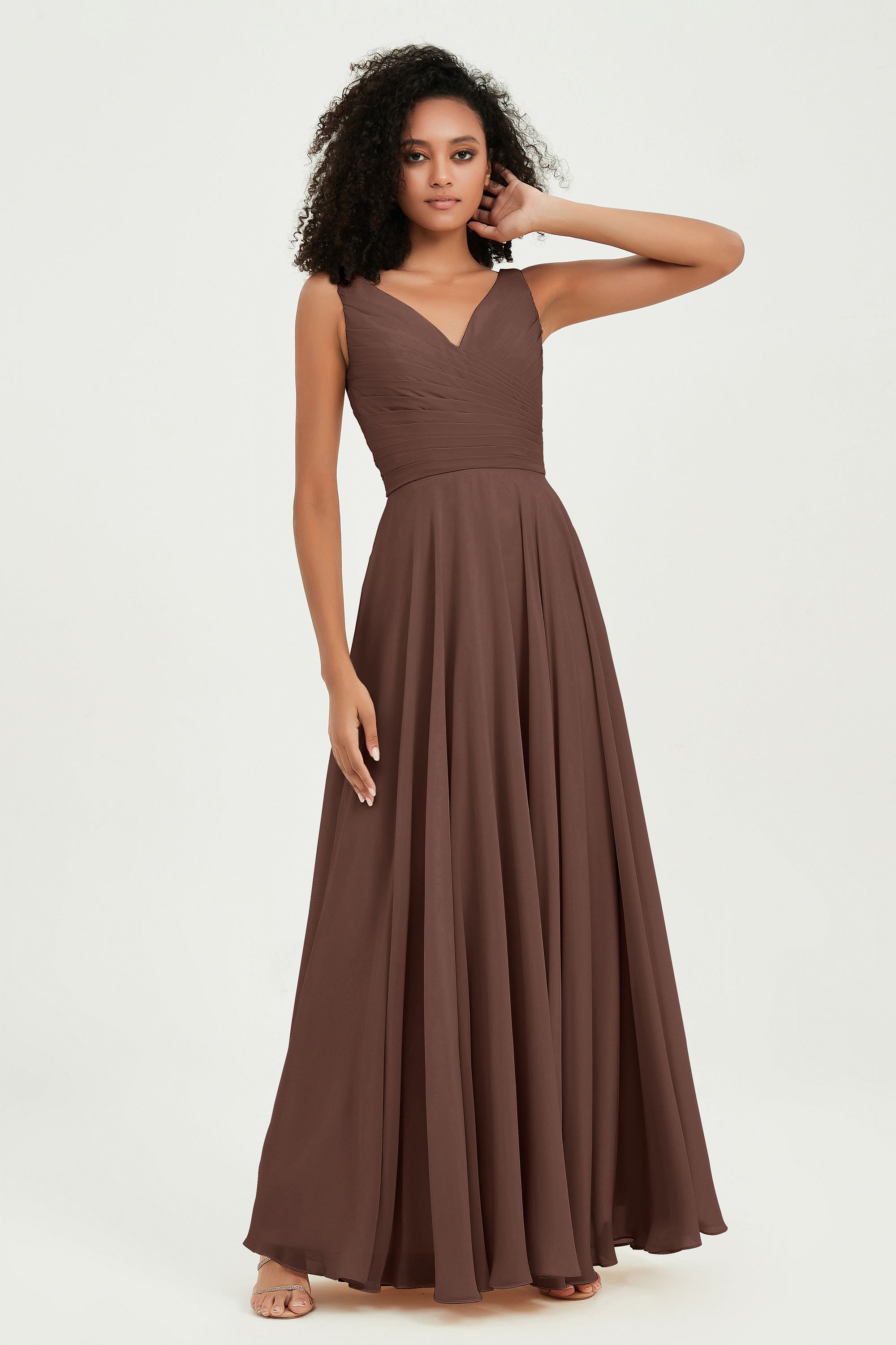 V Neck Chiffon Sleeveless Bridesmaid Dress Pleated Formal Evening Prom Dresses with Bow Sash