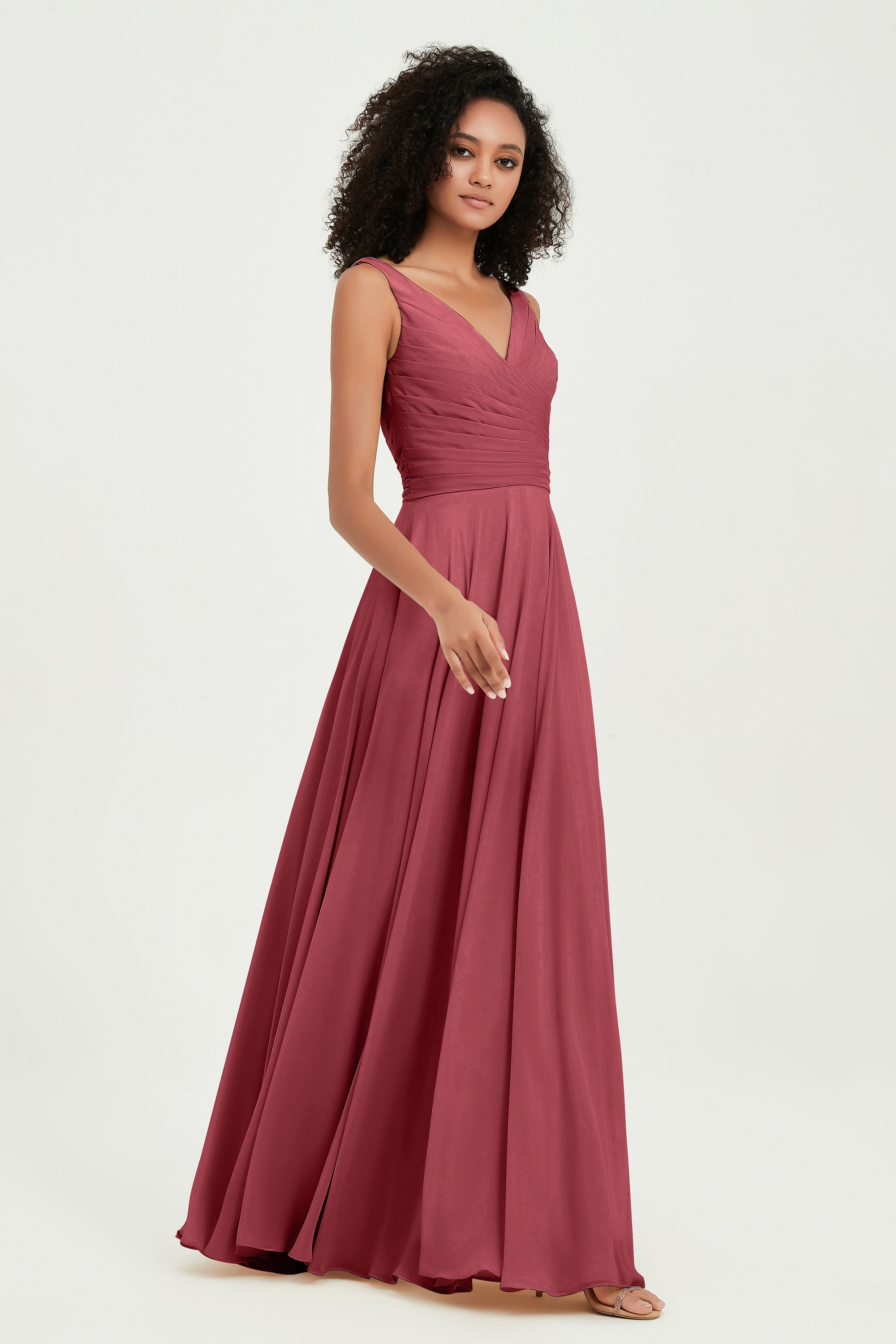 V Neck Chiffon Sleeveless Bridesmaid Dress Pleated Formal Evening Prom Dresses with Bow Sash