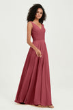 V Neck Chiffon Sleeveless Bridesmaid Dress Pleated Formal Evening Prom Dresses with Bow Sash