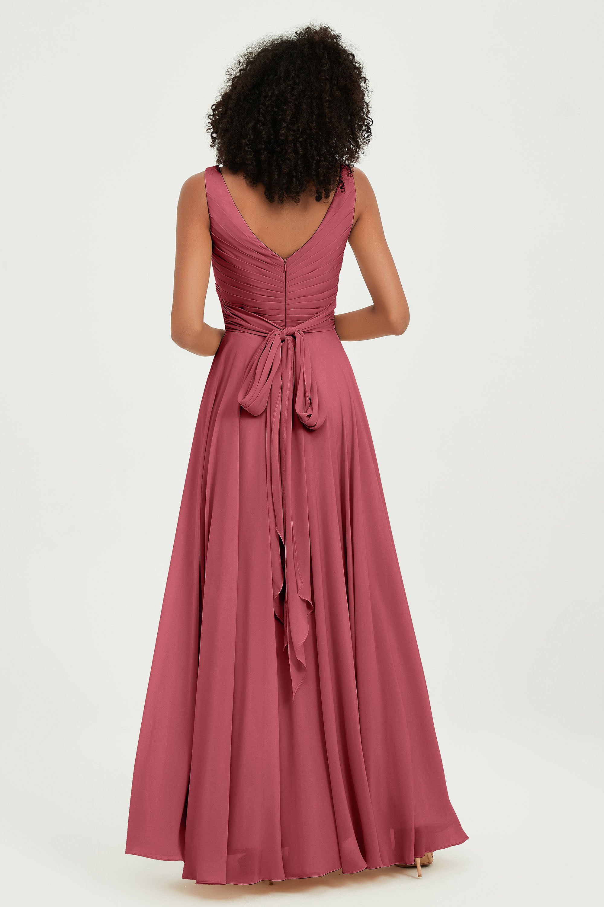 V Neck Chiffon Sleeveless Bridesmaid Dress Pleated Formal Evening Prom Dresses with Bow Sash