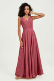 V Neck Chiffon Sleeveless Bridesmaid Dress Pleated Formal Evening Prom Dresses with Bow Sash