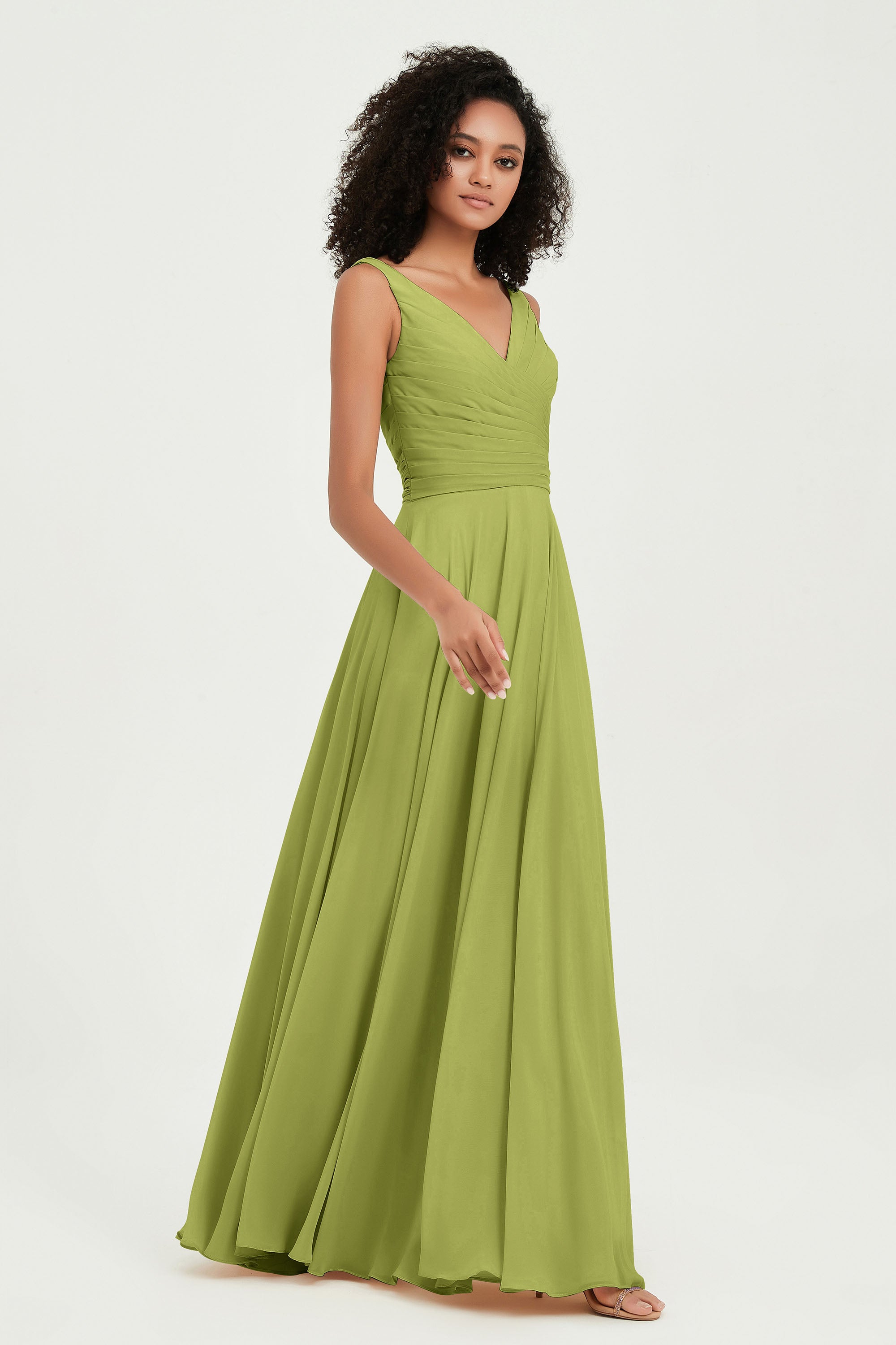 V Neck Chiffon Sleeveless Bridesmaid Dress Pleated Formal Evening Prom Dresses with Bow Sash