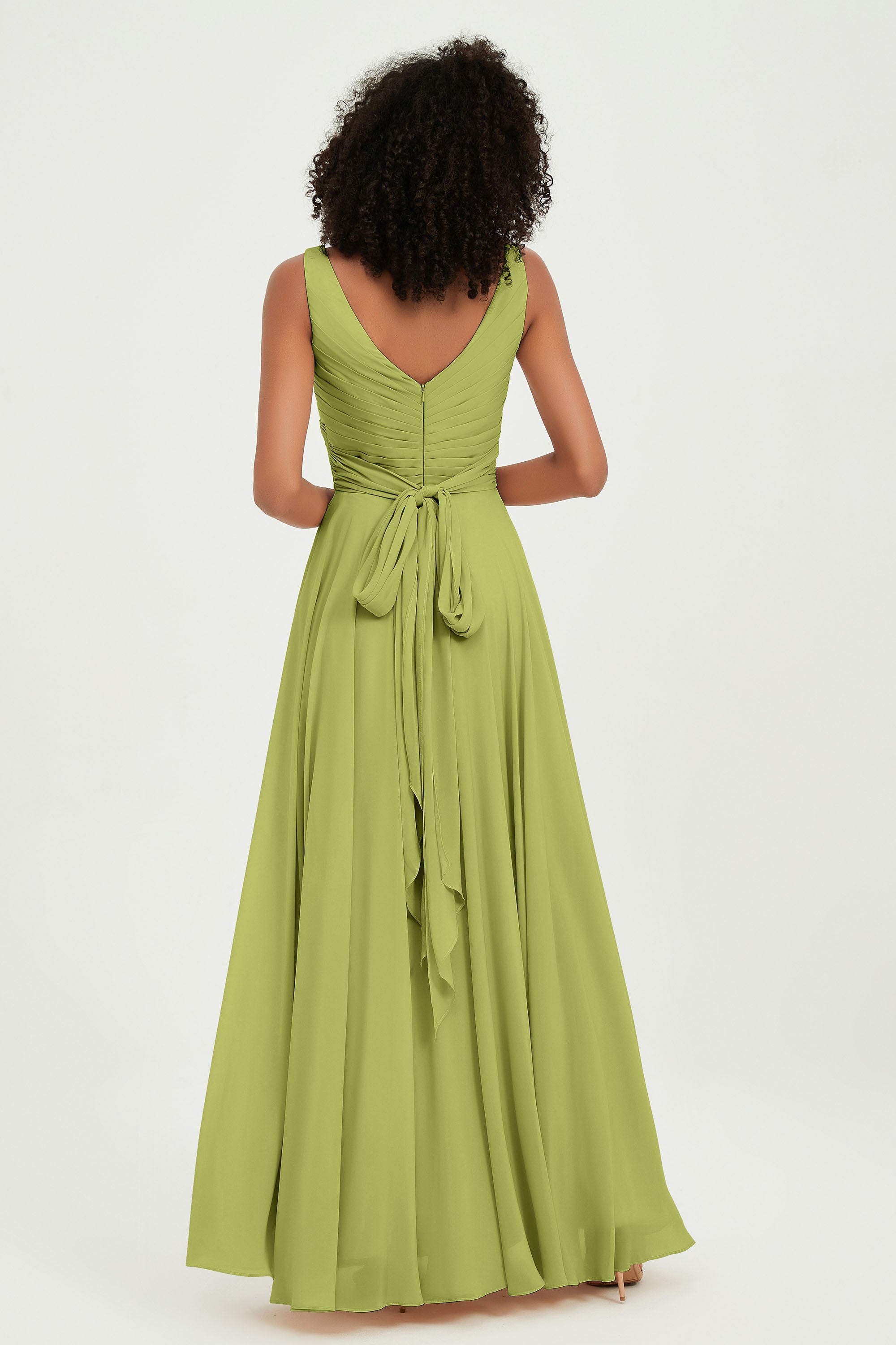 V Neck Chiffon Sleeveless Bridesmaid Dress Pleated Formal Evening Prom Dresses with Bow Sash